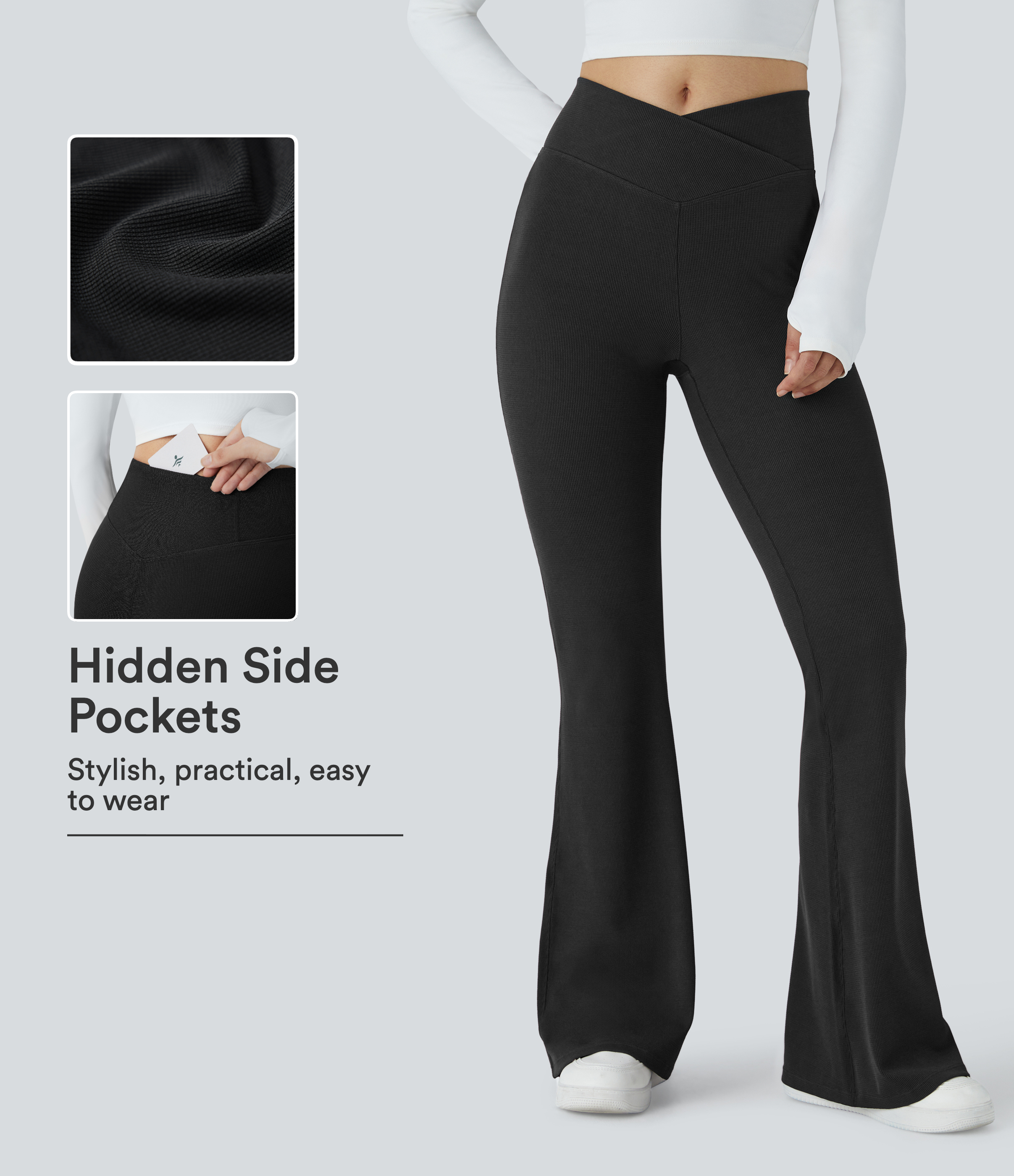 Black Crossover High Waisted Pocket Waffle Casual Flare Pants / 1