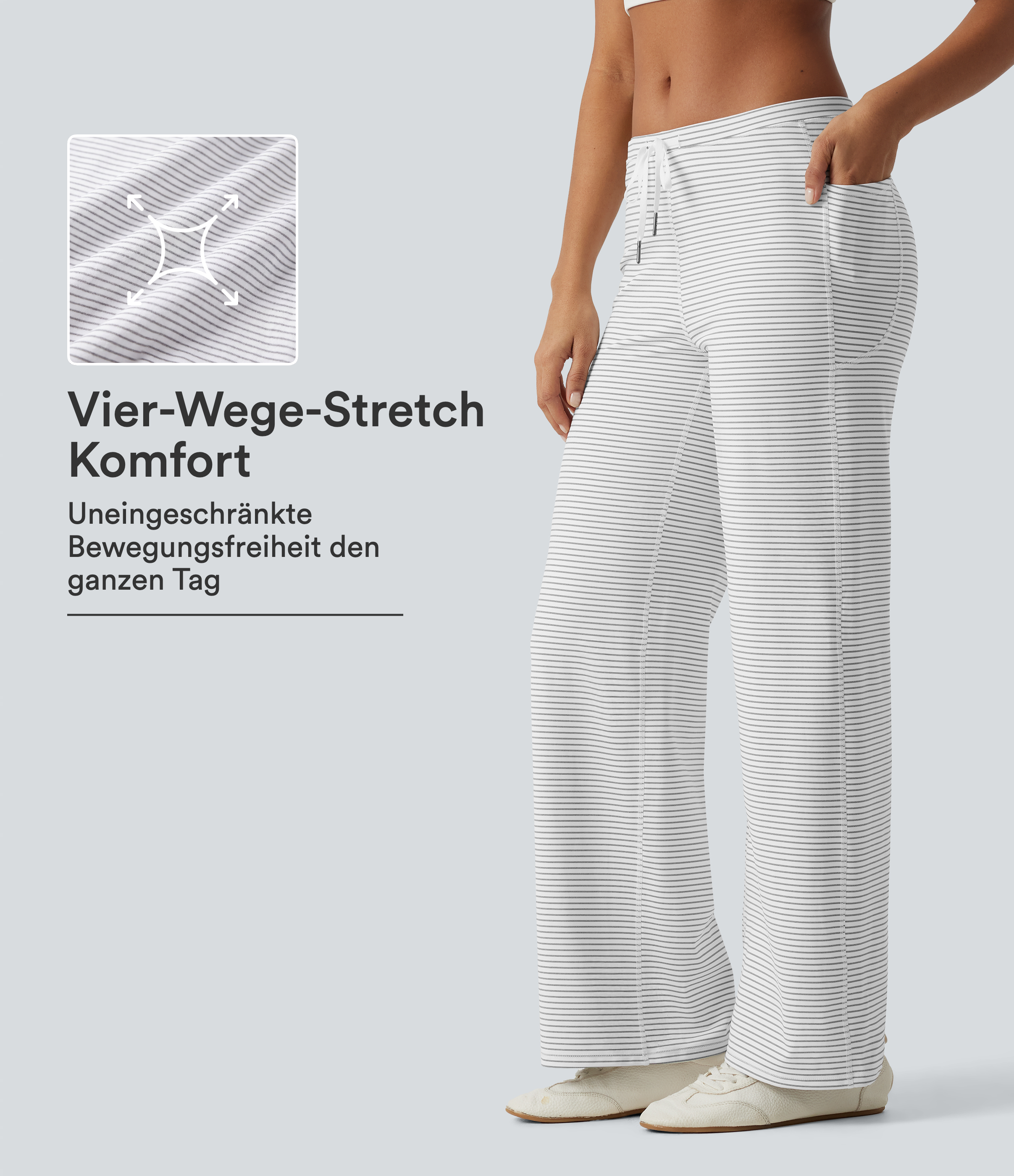 Zebra Ripple Yogahose mit niedrigem Bund, Seitentaschen, Kordelzug, Streifen und geradem Bein / 1