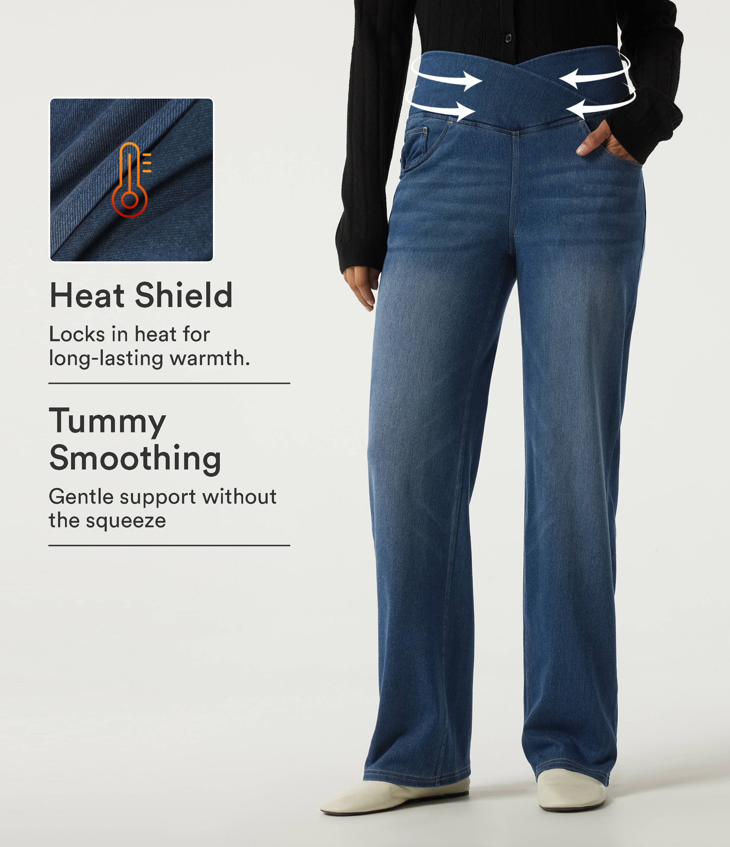 Halara Flex™ Denim Heat magas derekú, hasformázó, átfedős derékmegoldású, egyenes szárú, lezser farmernadrág zsebekkel