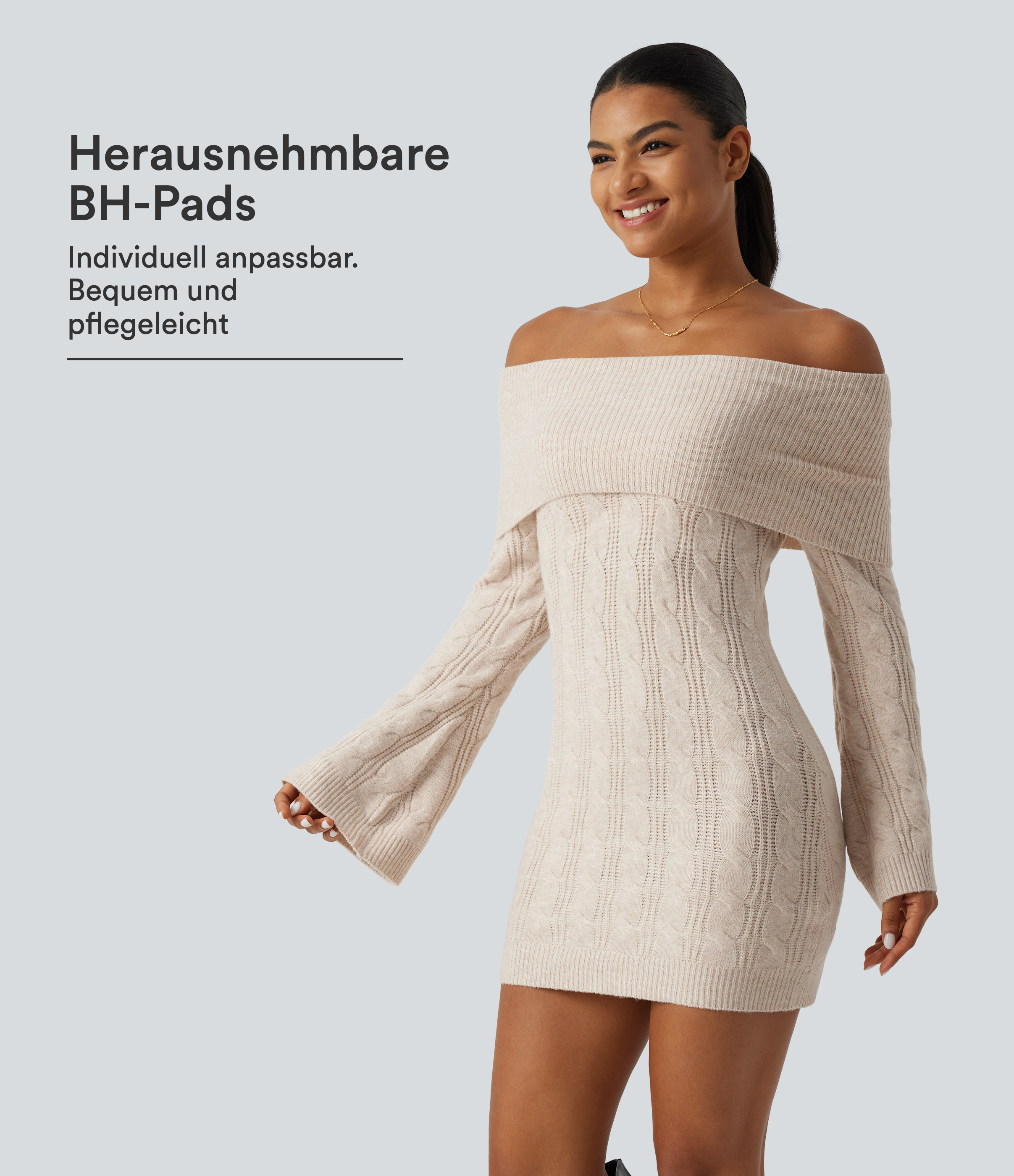 Rice Khaki Lässiges, schulterfreies Pullover-Minikleid mit langen Volantärmeln und integriertem BH  / 1