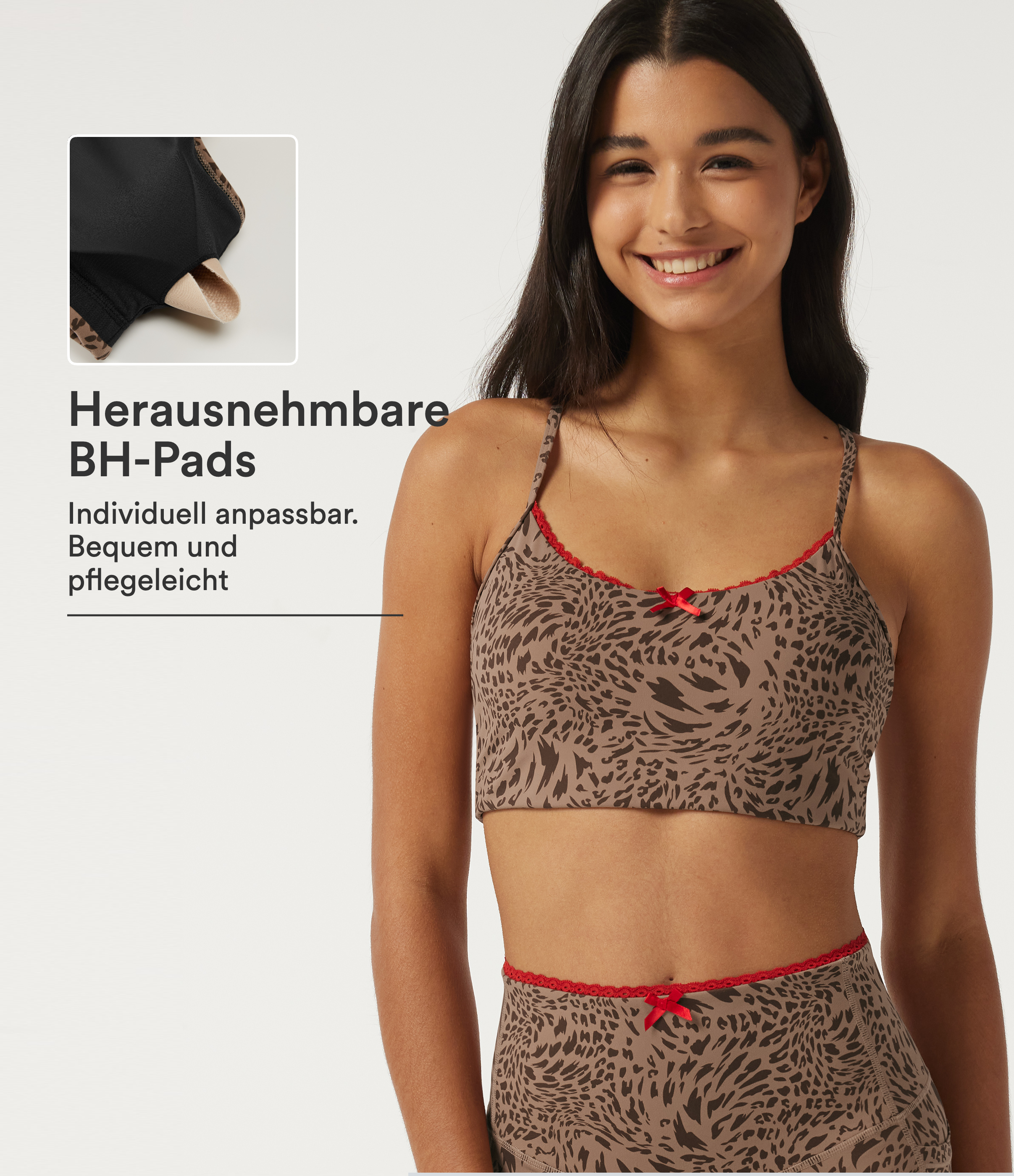 Yoga-Sport-BH mit U-Ausschnitt, Kontrastspitze und Leopardenmuster