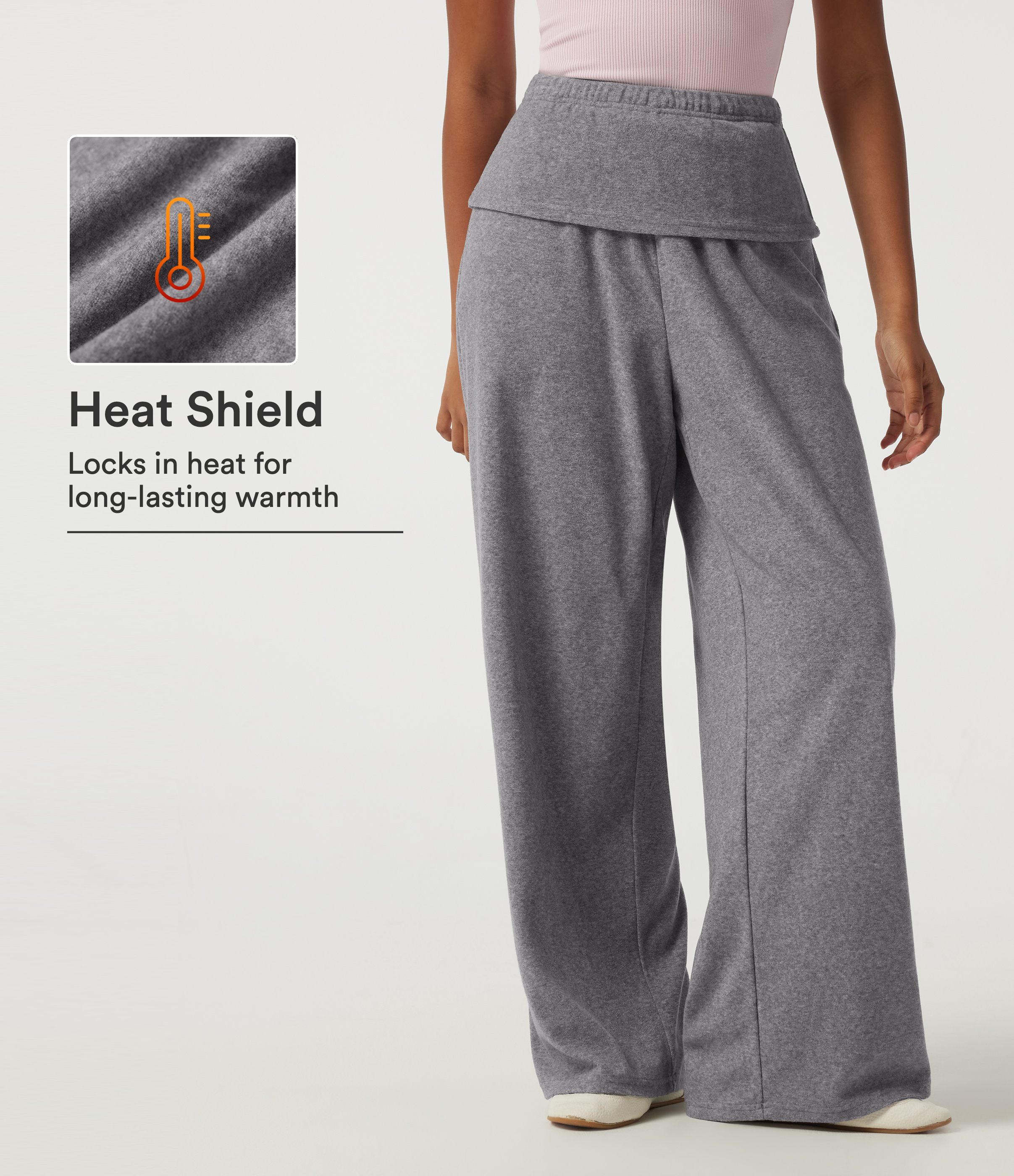 Fleece-Hose mit hoher Taille, Umschlagbund, ausgestelltem Bein und Taschen