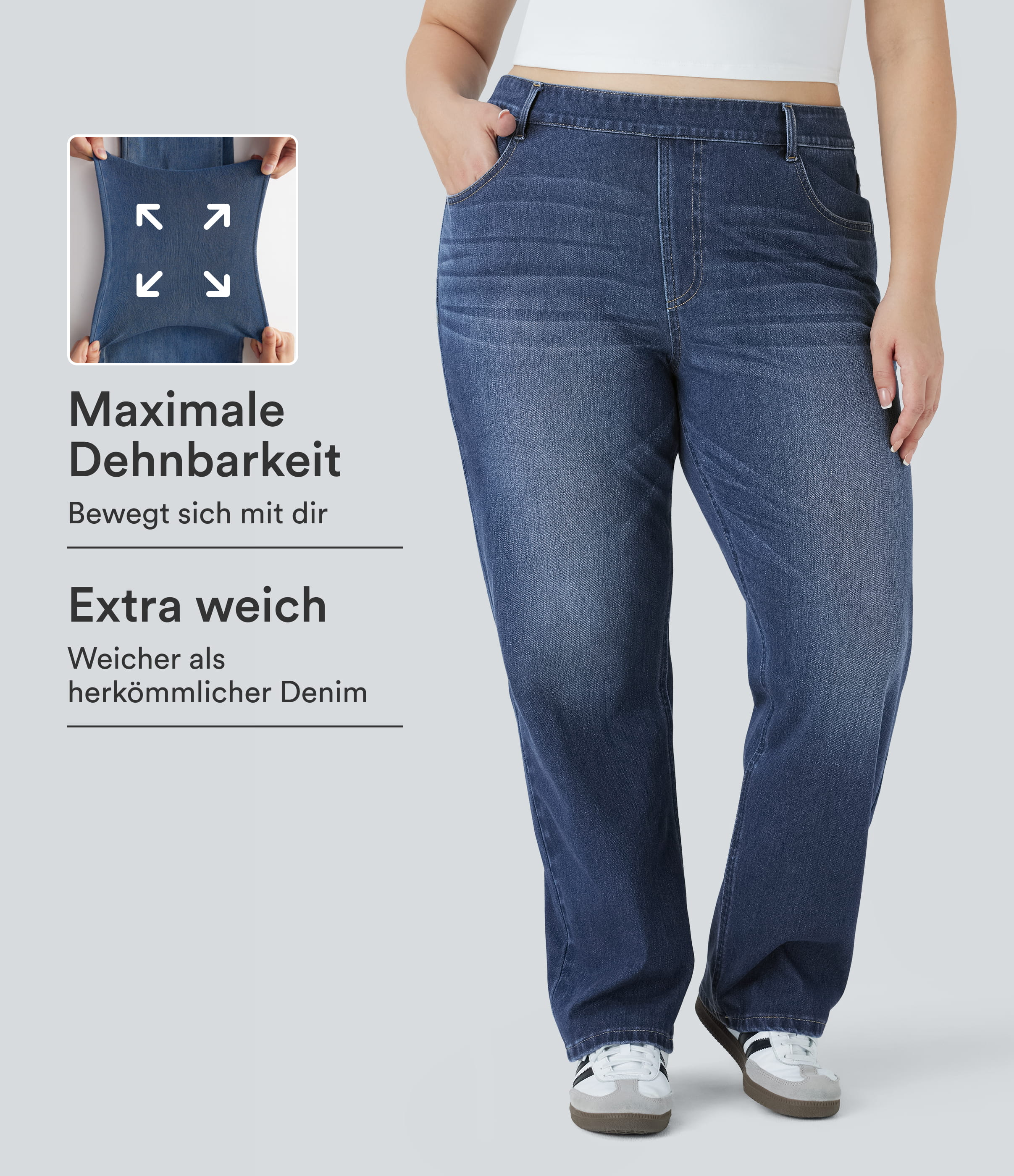 HalaraMagic™ Plus-Size, lässige, verwaschene Jeans aus elastischem Strick-Denim mit hohem Bund, mehreren Taschen und geradem Bein