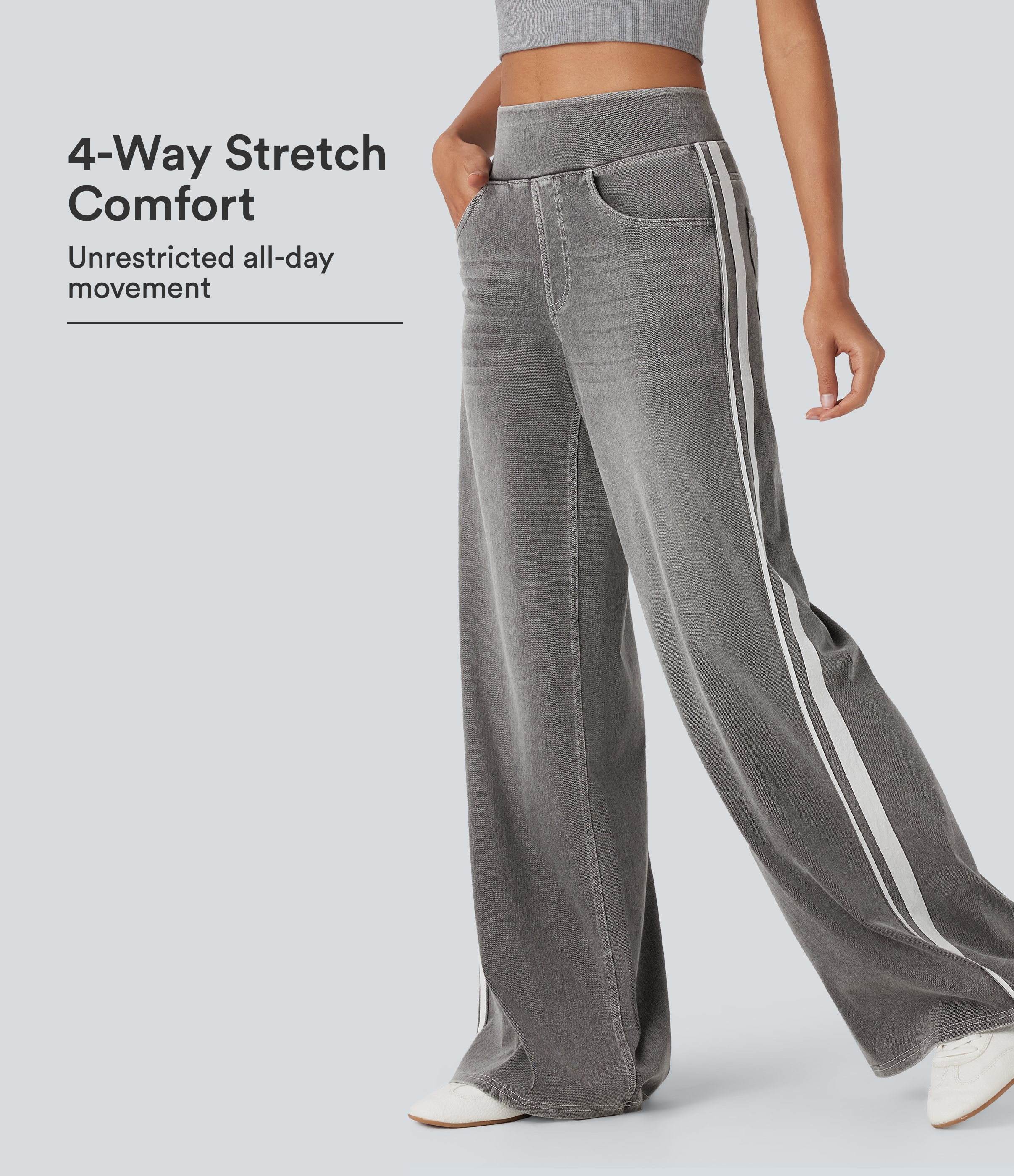 Halara Flex™ High Waisted Stripe Wide Leg Flowy Washed Casual Jeans with Pockets