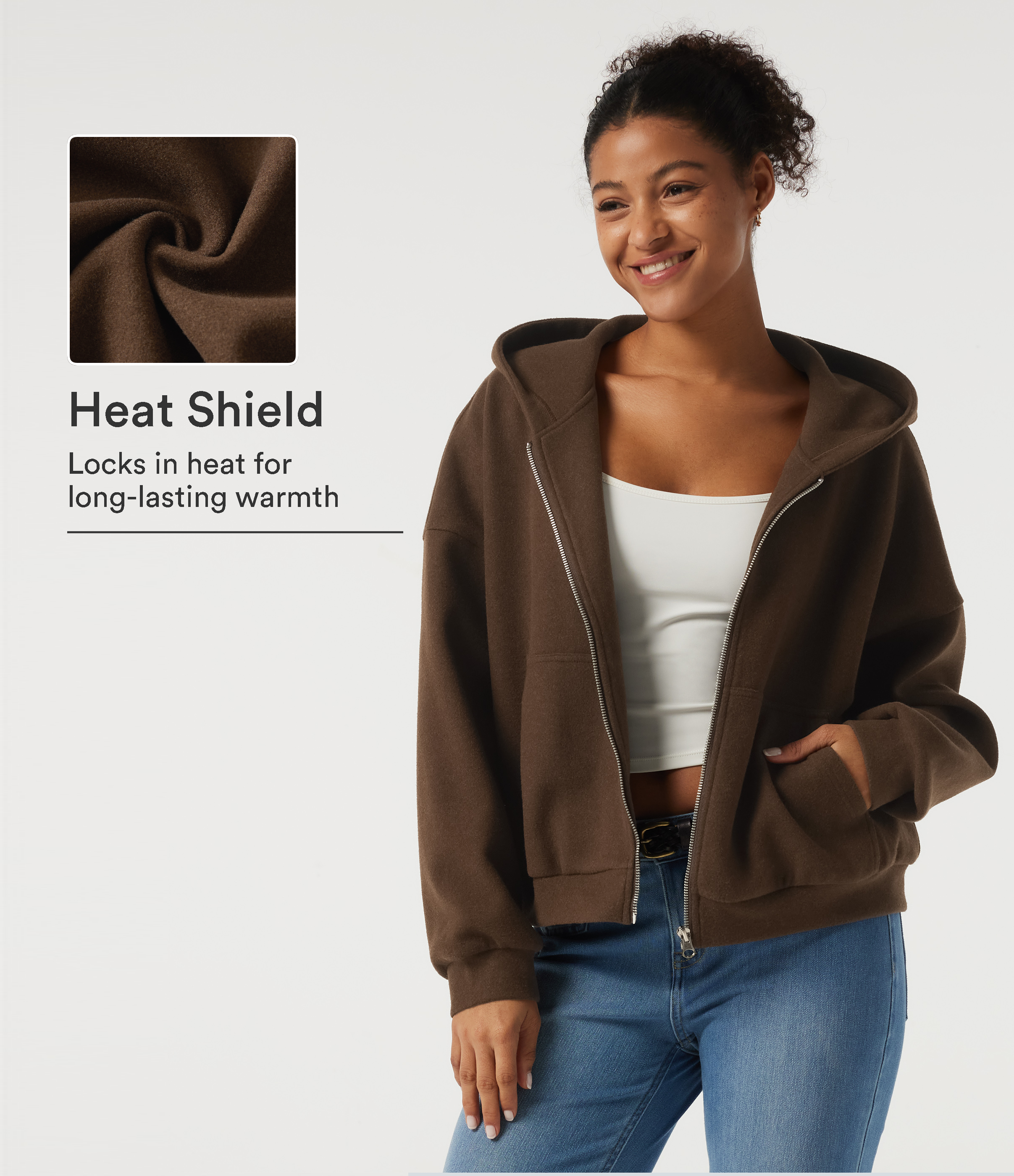 Chestnut Hooded Long Sleeve Fleece Casual Coat with Pockets / 1