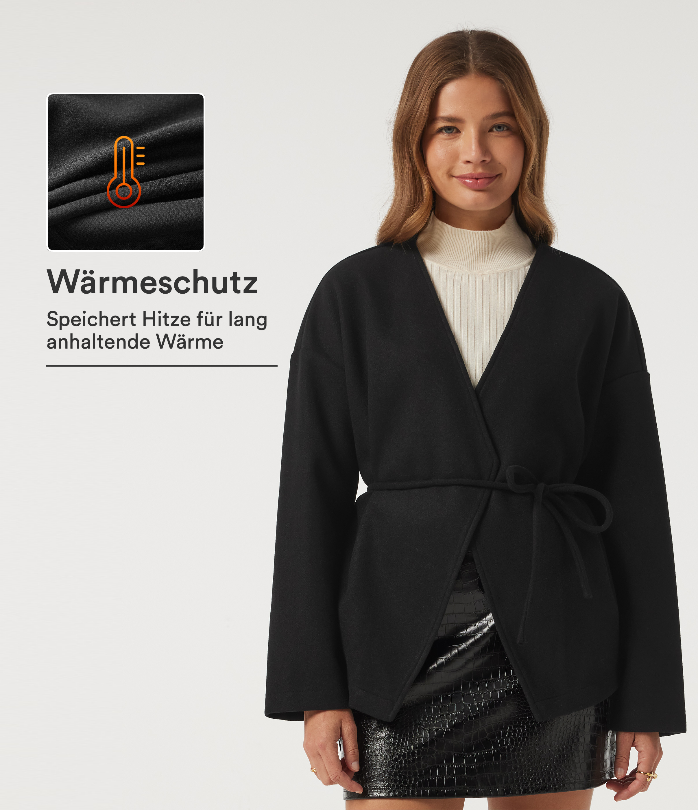 Lässiger Fleece-Mantel mit V-Ausschnitt, Seitentaschen, langen Ärmeln und Gürtel