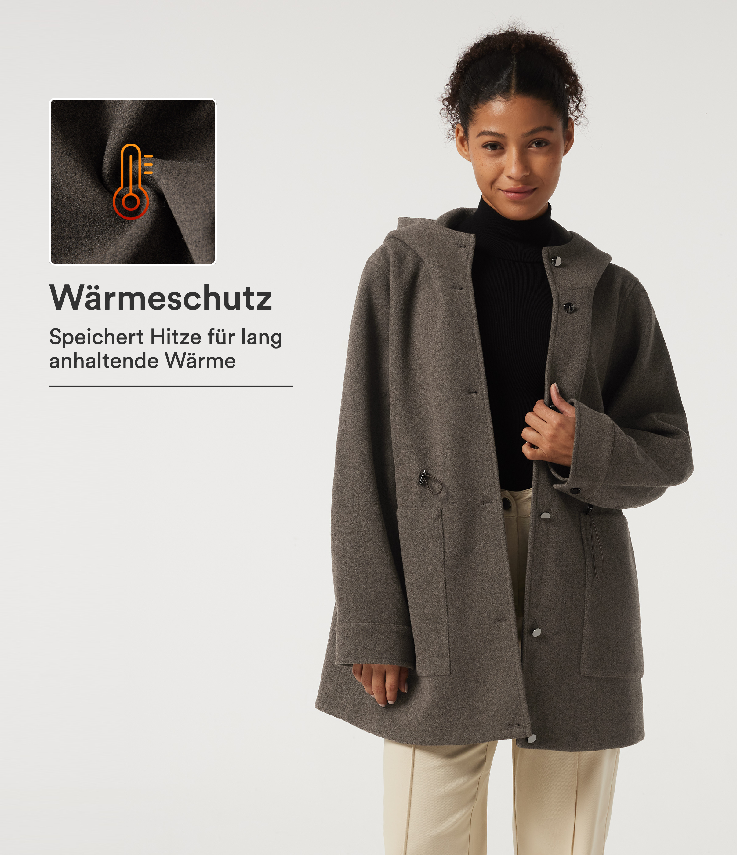 Fleece-Büro-Mantel mit Kapuze, Seitentaschen, langen Ärmeln und Kordelzug - extralang