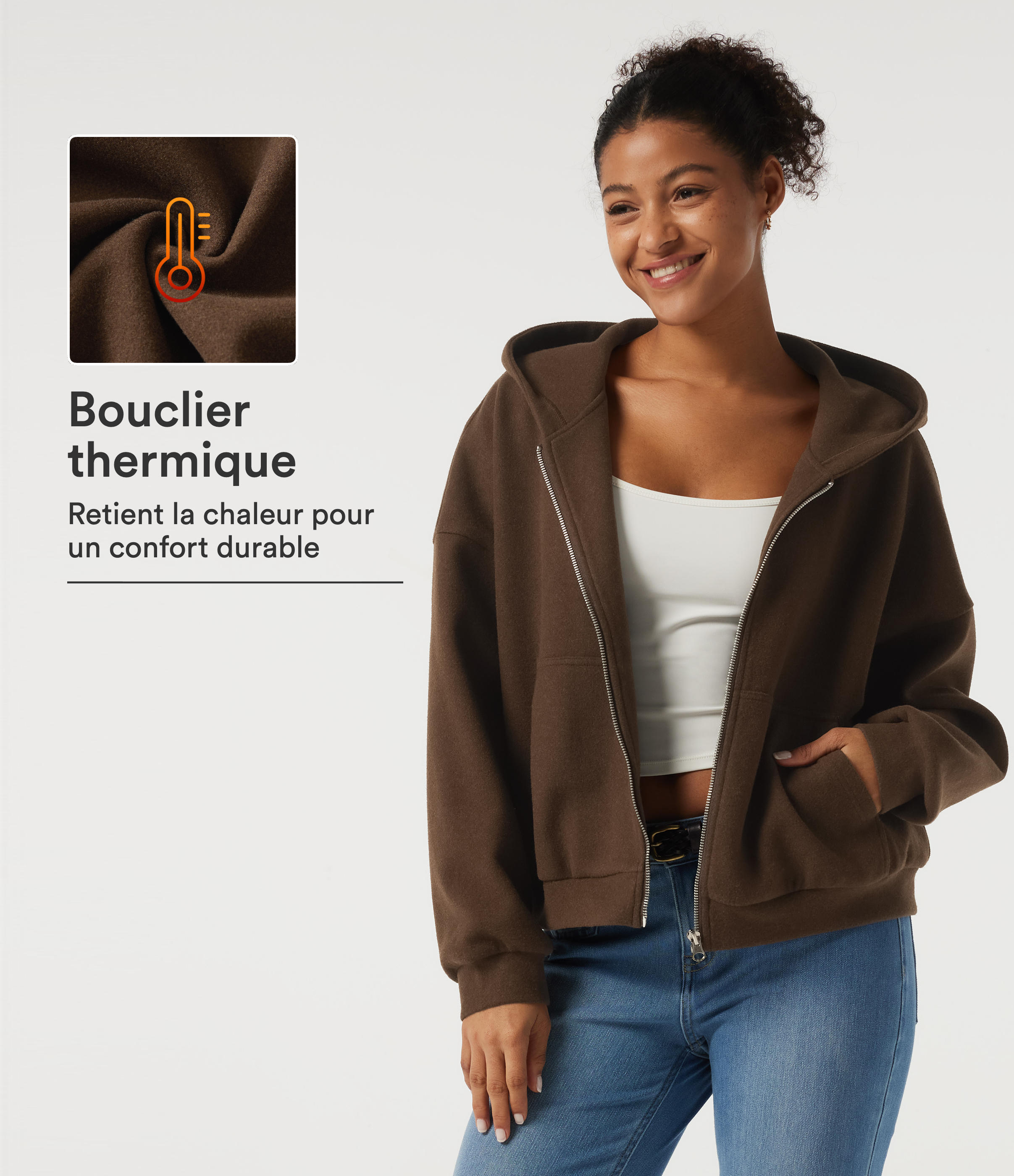 Manteau en polaire à capuche et manches longues avec poches