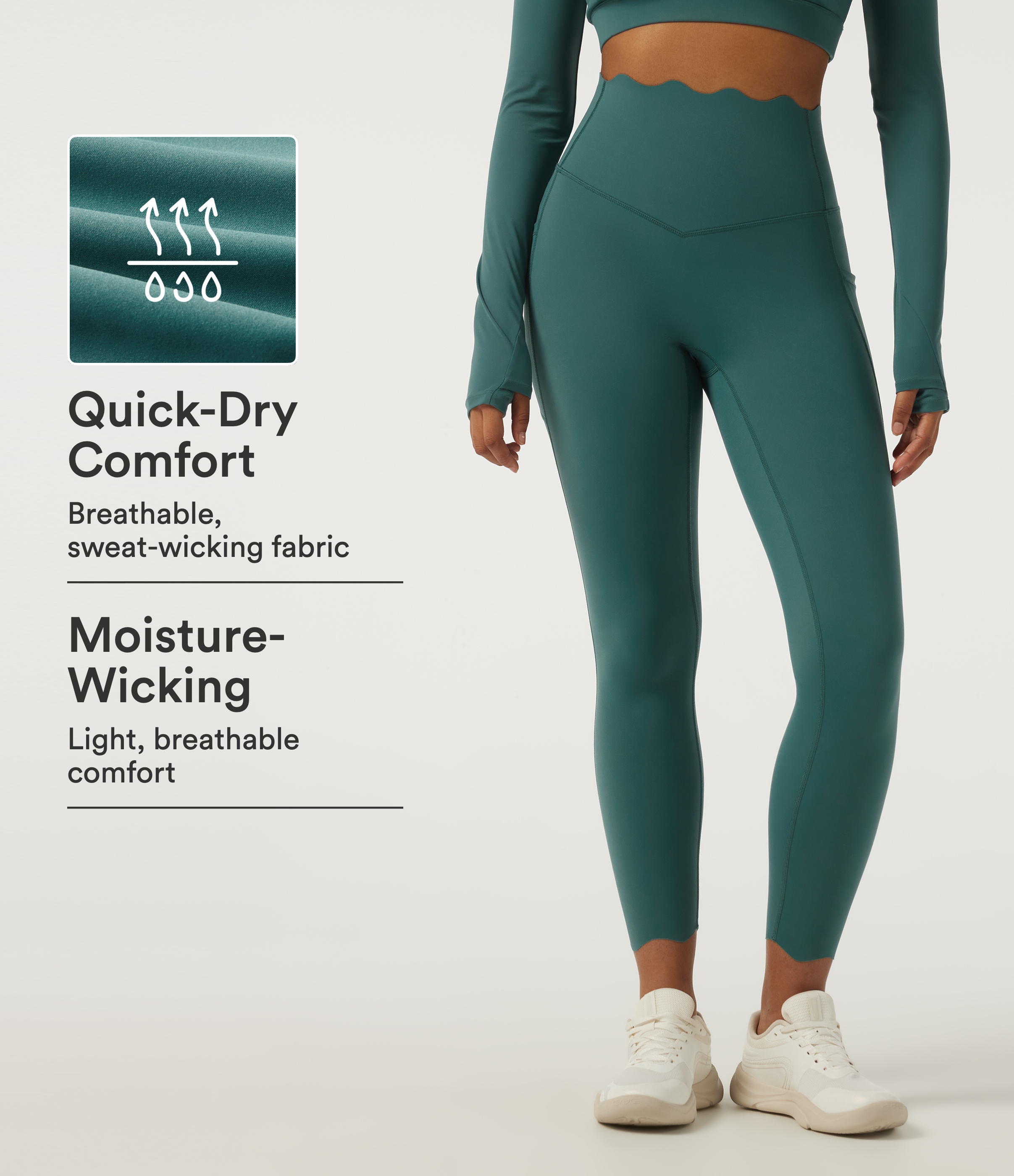Quick Dry High Waisted Skinny Scallop Hem Running Leggings with Pockets