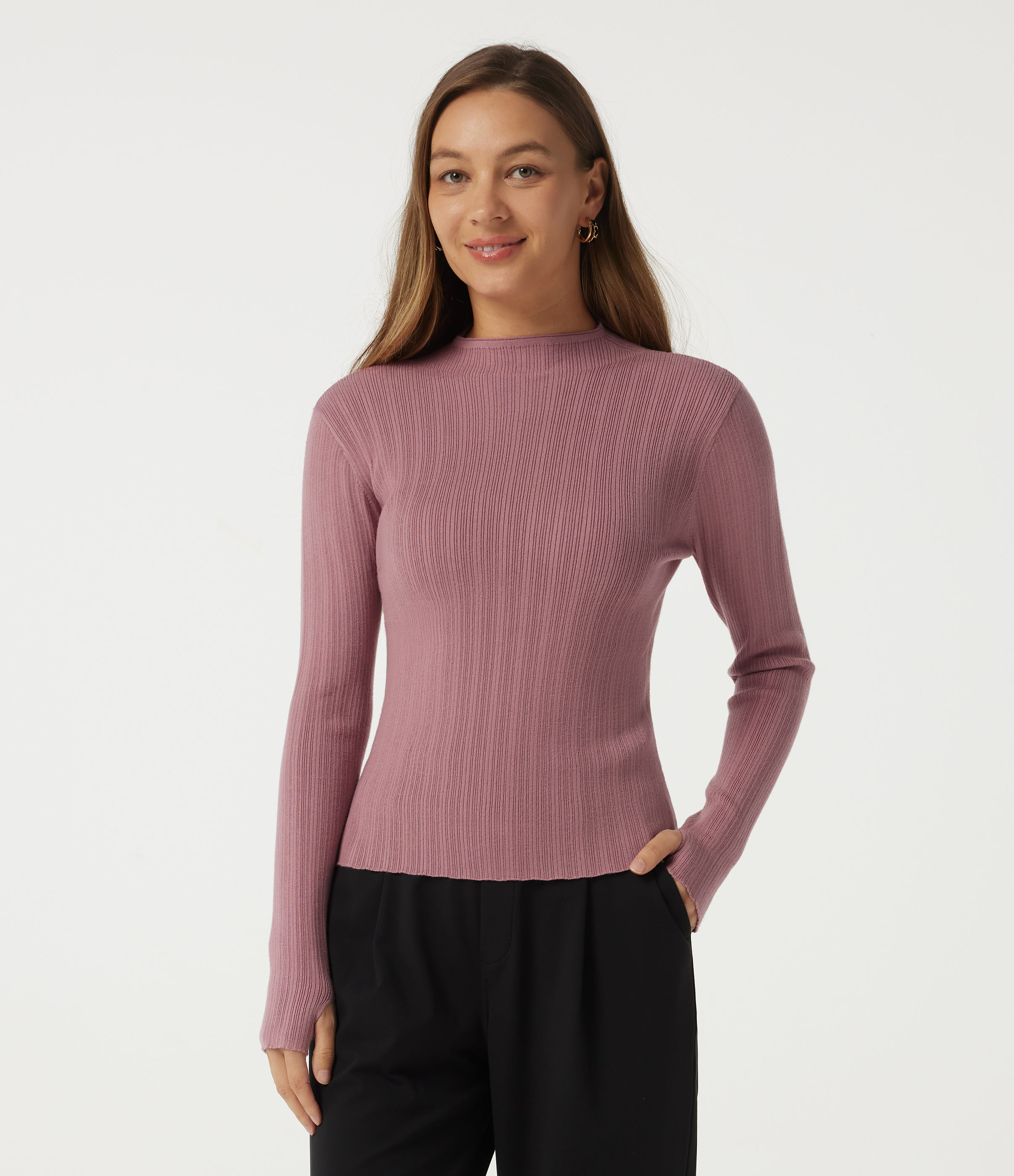 Mock Neck Long Sleeve Work Sweater with Thumbholes