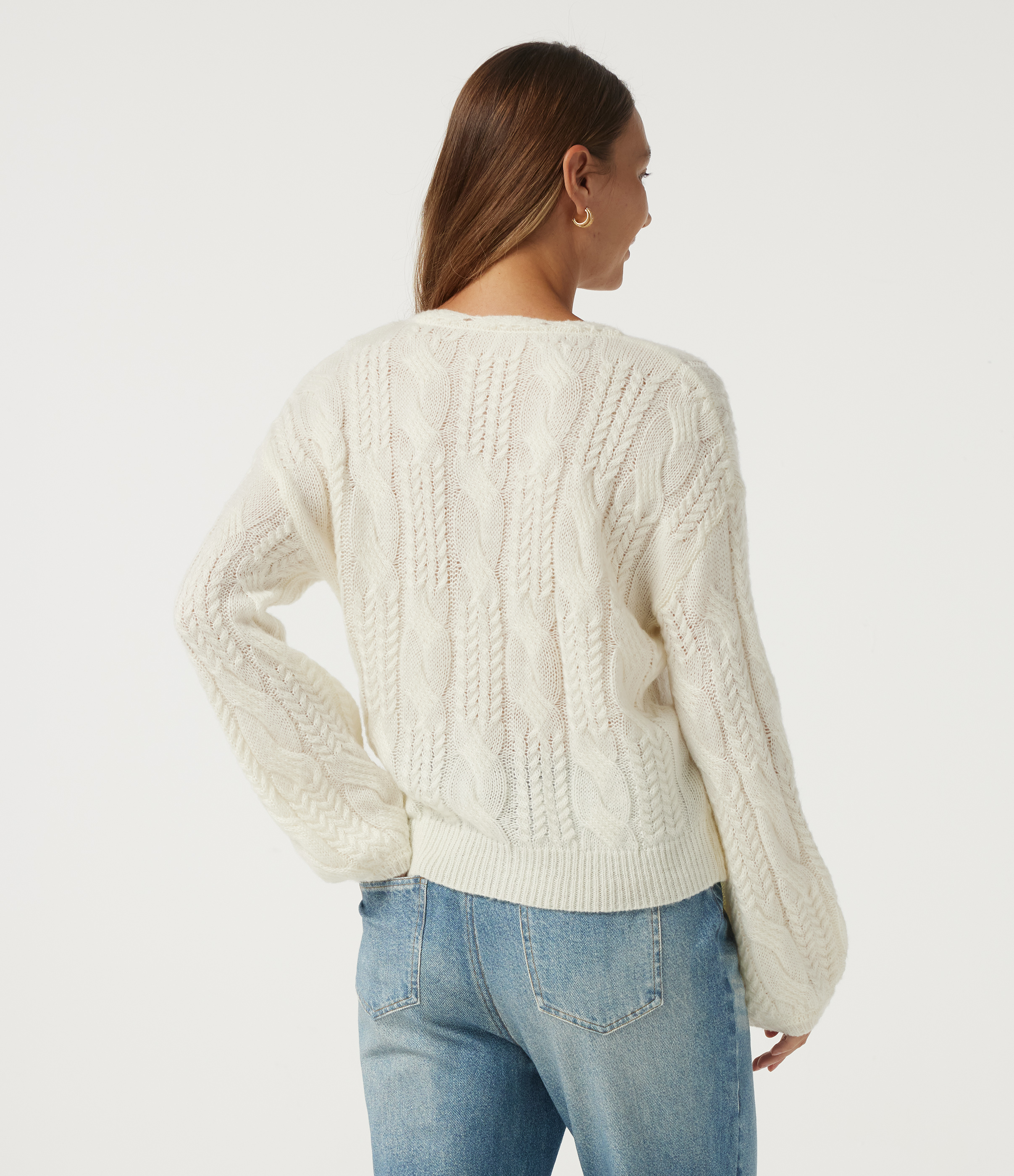 Star White V Neck Bishop Long Sleeve Tie Casual Sweater / 2
