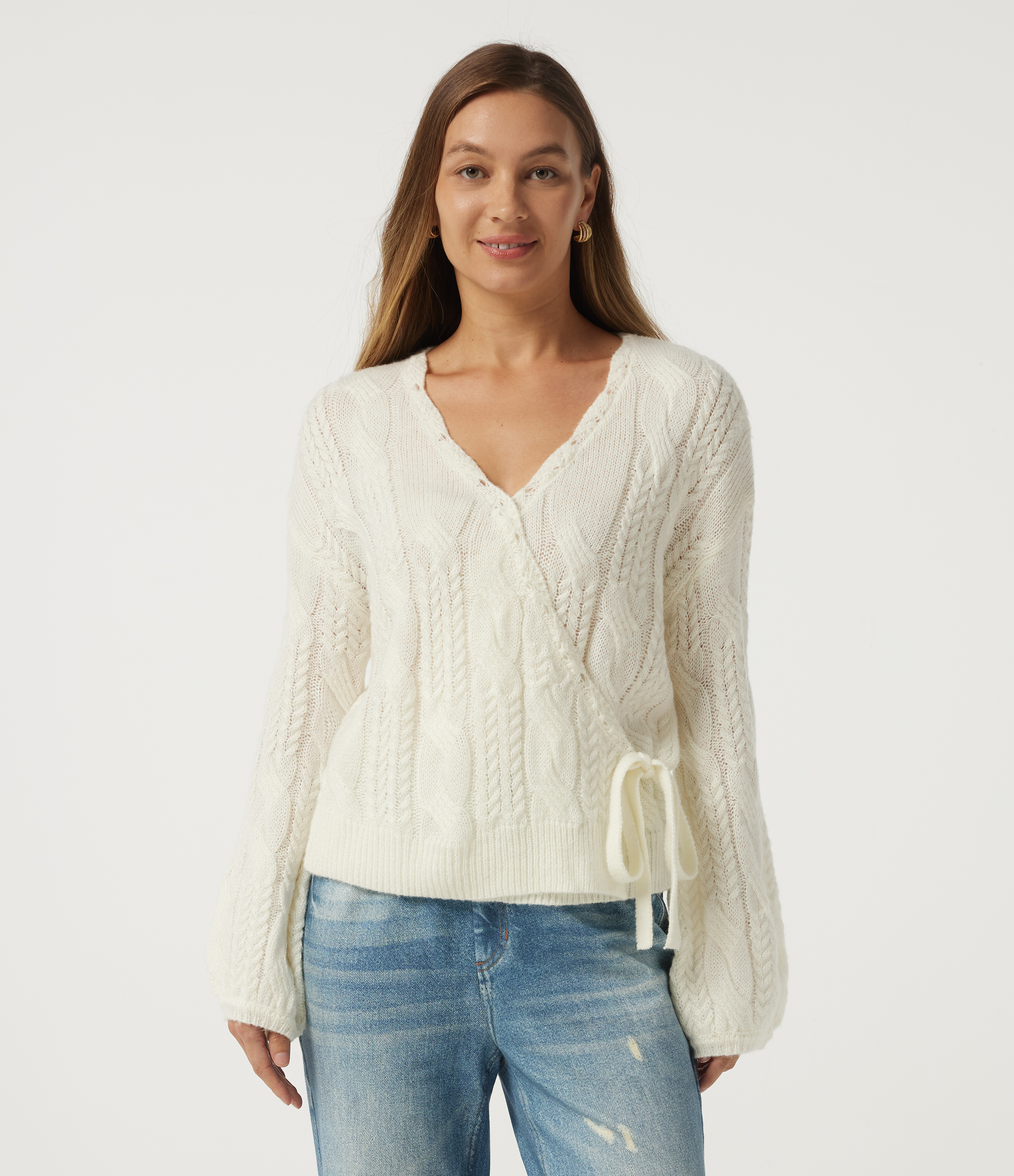 V Neck Bishop Long Sleeve Tie Casual Sweater