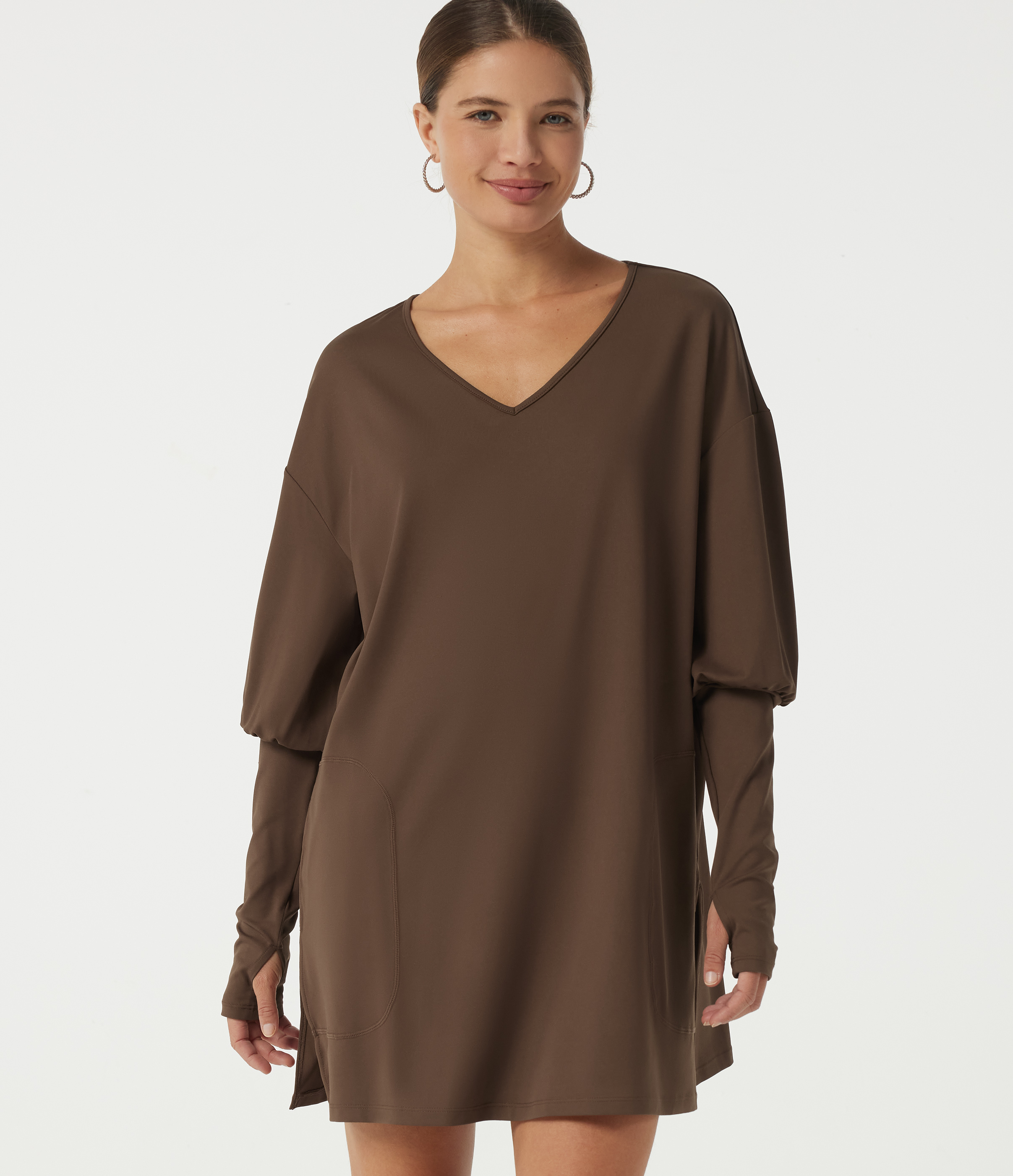 V Neck Bubble Long Sleeve Casual Top with Pockets and Thumbholes