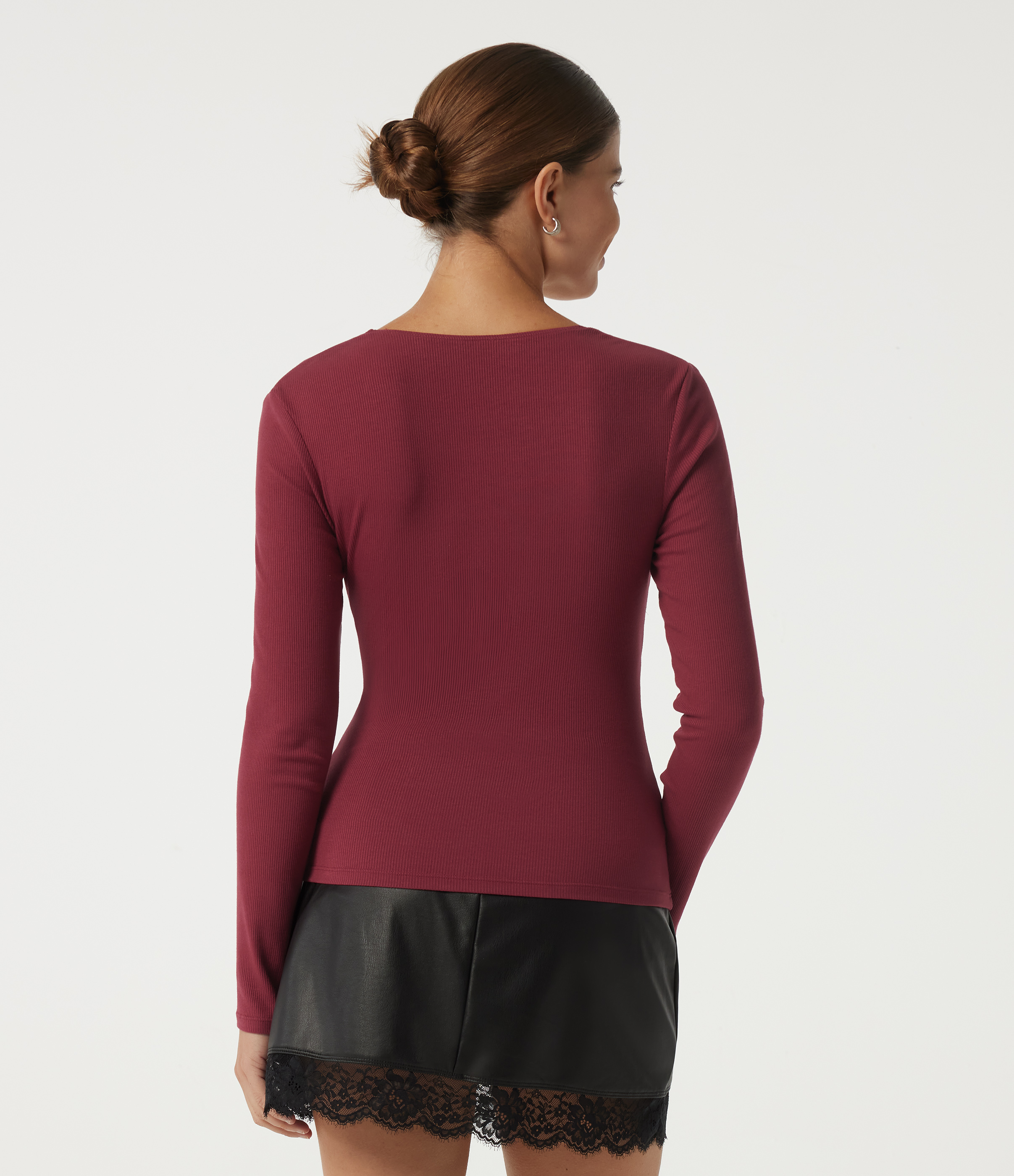 Ruby Wine Ribbed Knit Square Neck Long Sleeve Contrast Lace Casual Top / 2