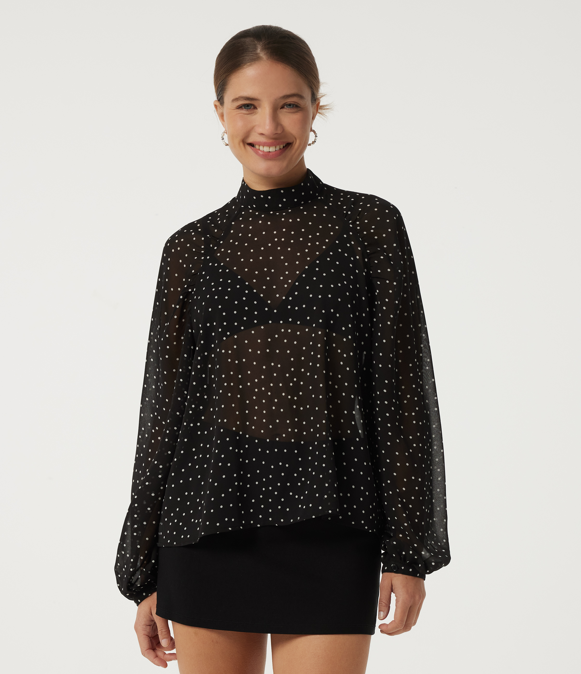 Stand Collar Polka Dot Long Sleeve Resort Blouse