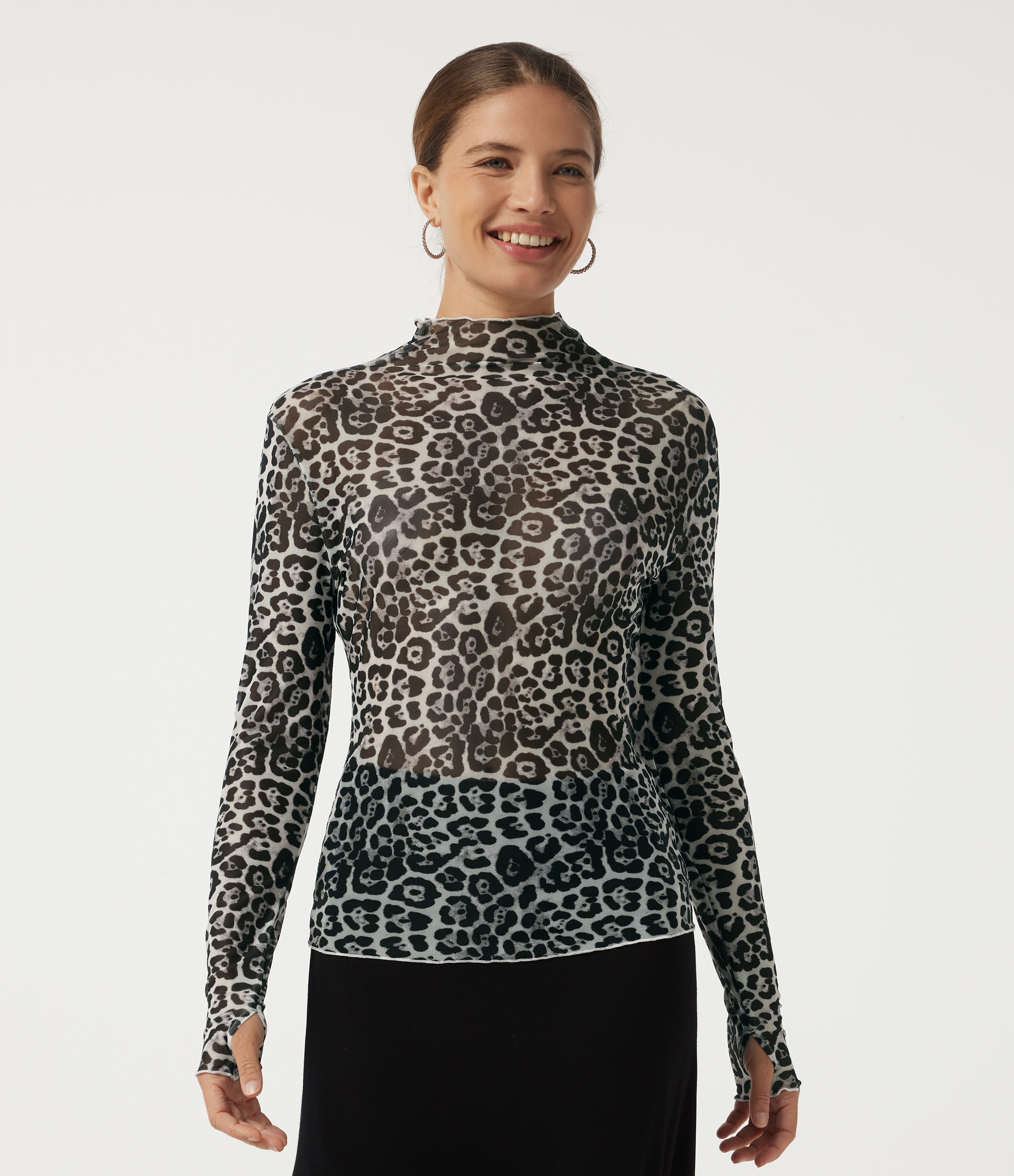 Mock Neck Long Sleeve Leopard Print Casual T-Shirt with Thumbholes