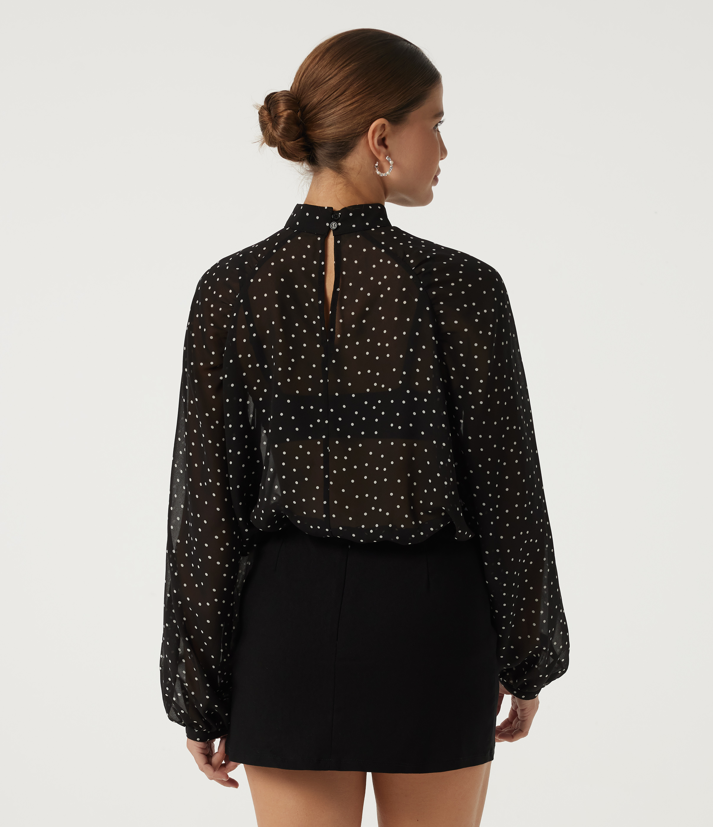 Noir Gala Dot  Stand Collar Polka Dot Long Sleeve Resort Blouse / 2