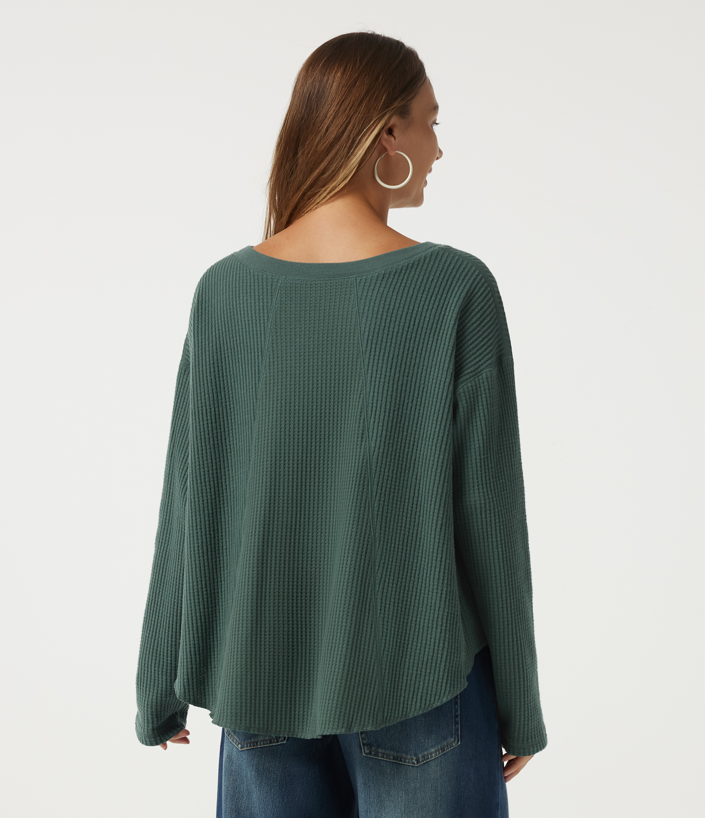 Green Frost Round Neck Long Sleeve Curved Hem Casual Sweatshirt / 2