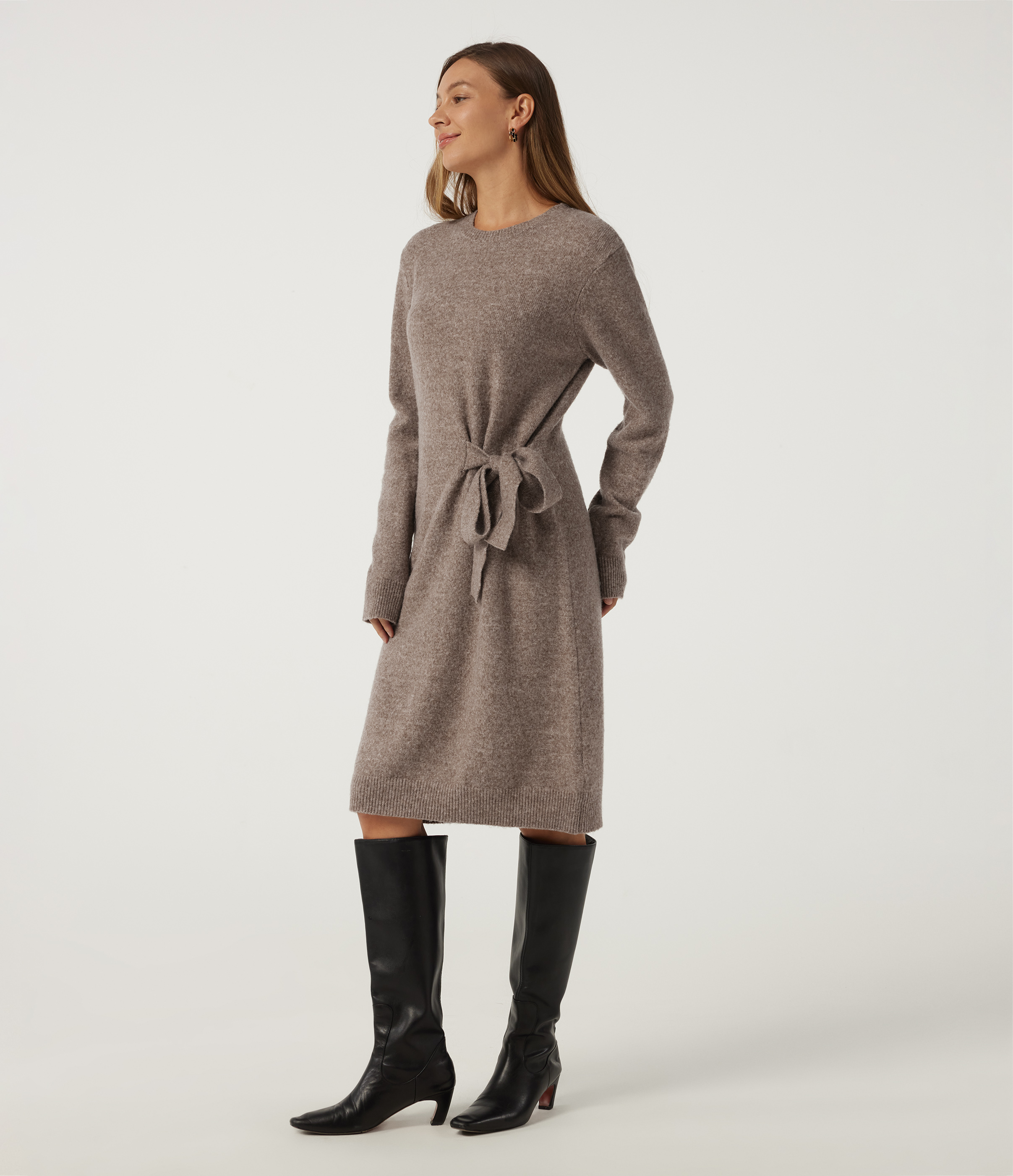 Round Neck Long Sleeve Tie Casual Midi Sweater Dress