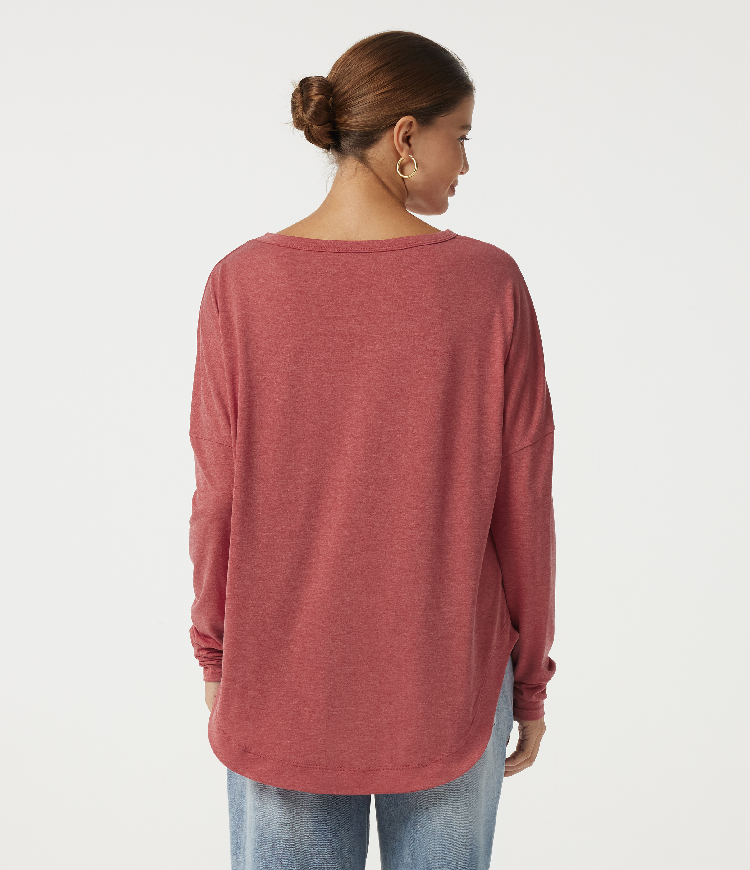 Poinsettia Floral Yarn Round Neck Long Sleeve Cut Out Curved Hem Casual Top / 2