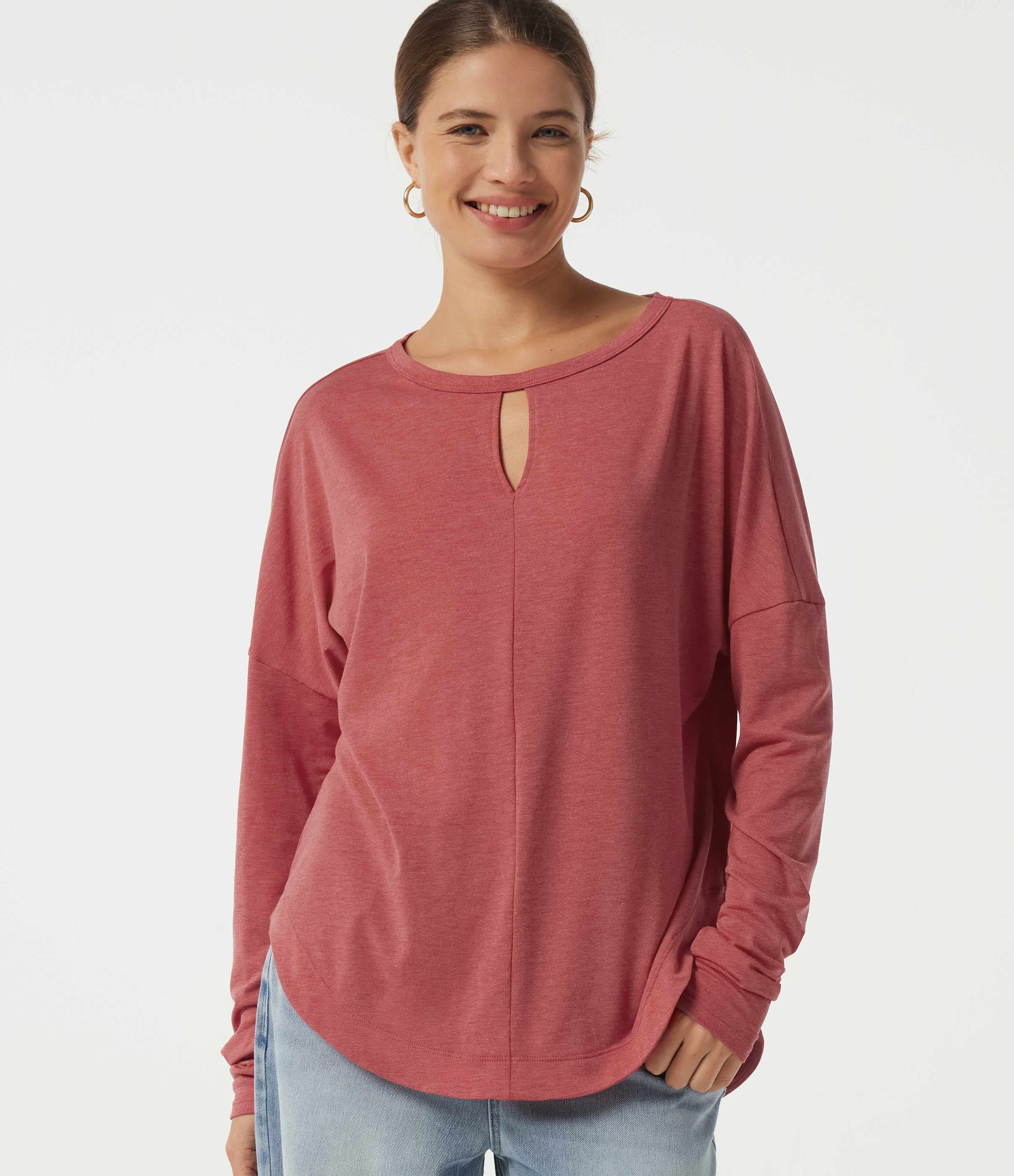 Round Neck Long Sleeve Cut Out Curved Hem Casual Top