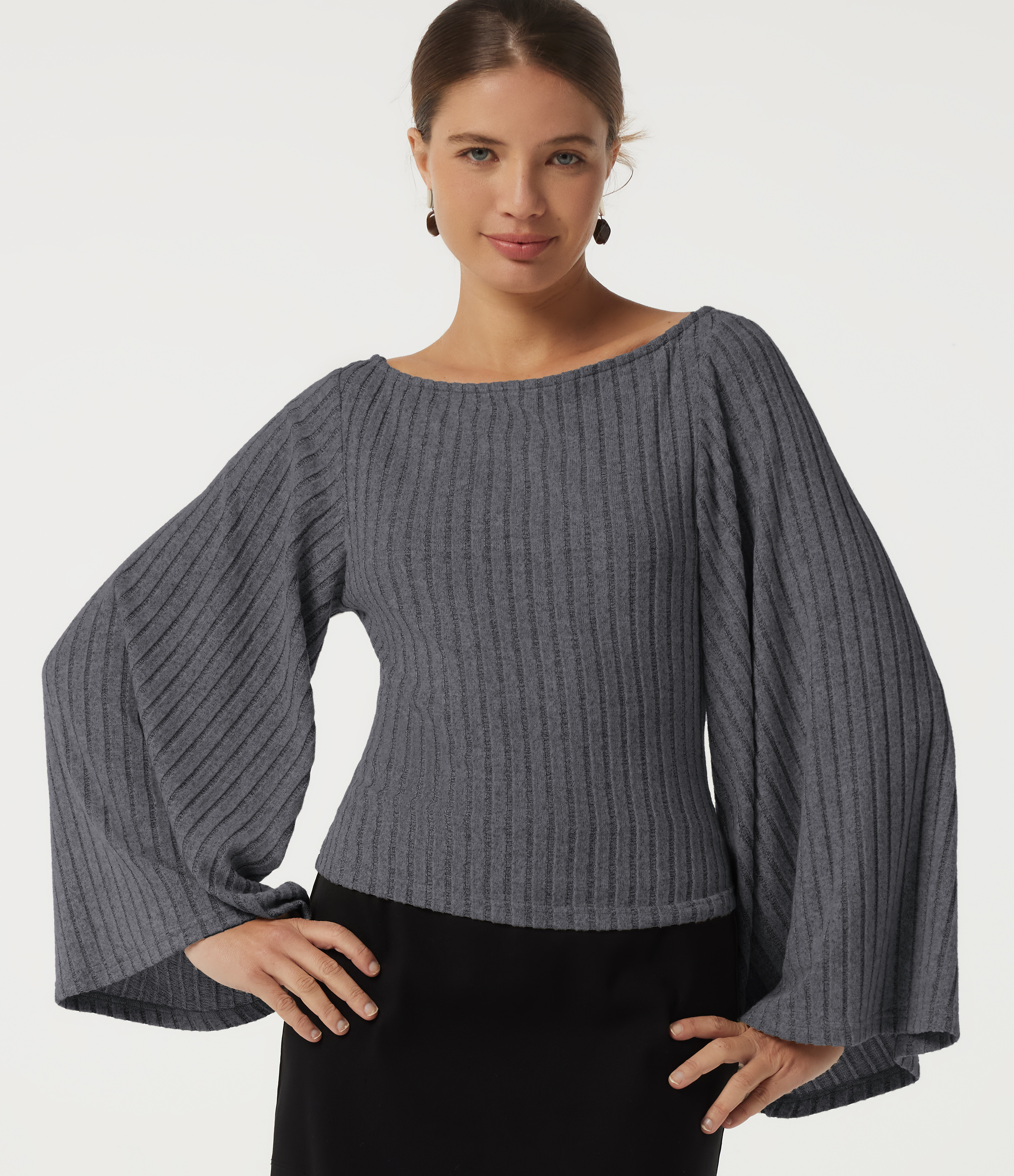 Ribbed Boat Neck Bell Long Sleeve Casual Top