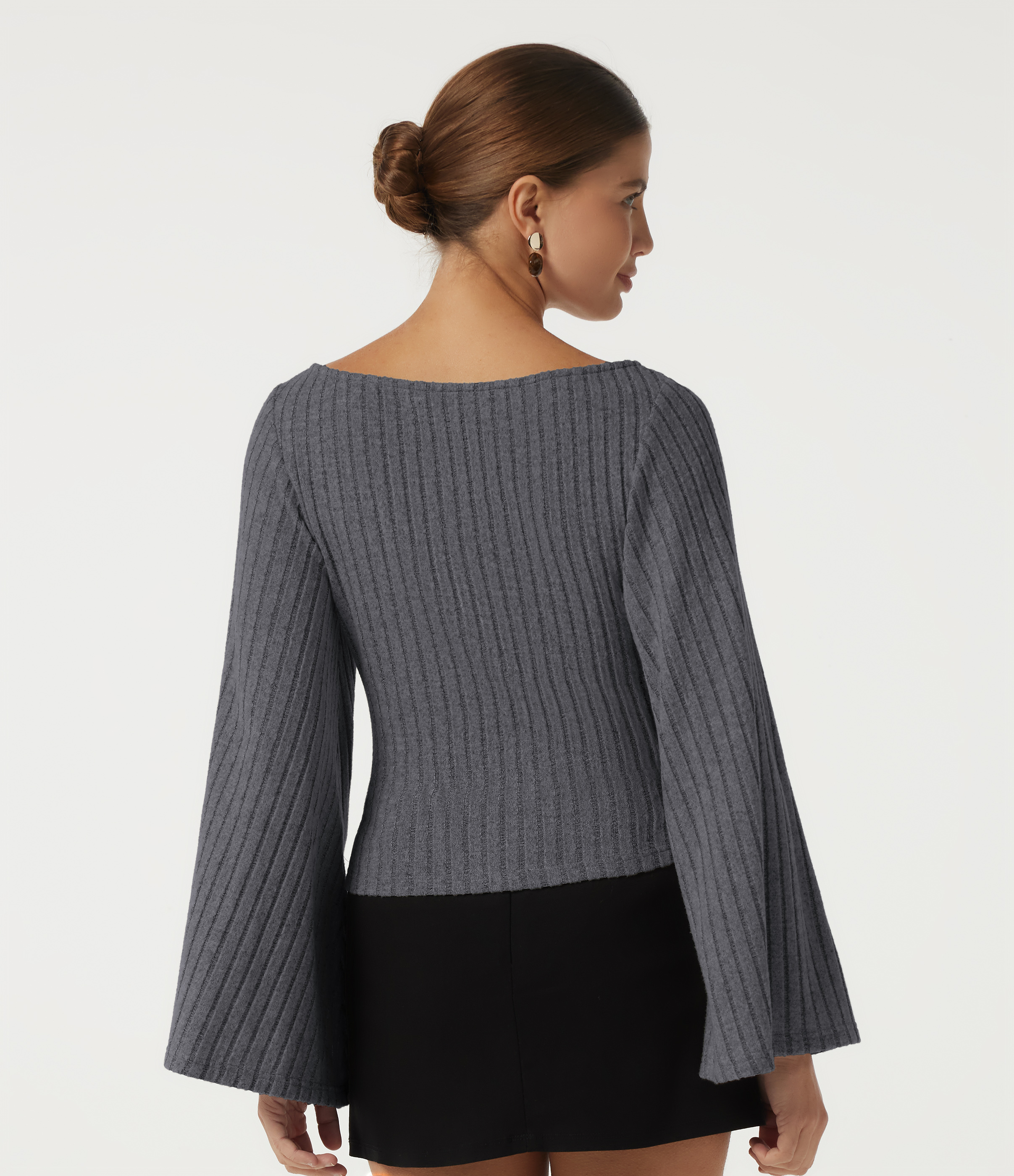 Mottled Dark Gray Ribbed Boat Neck Bell Long Sleeve Casual Top / 2