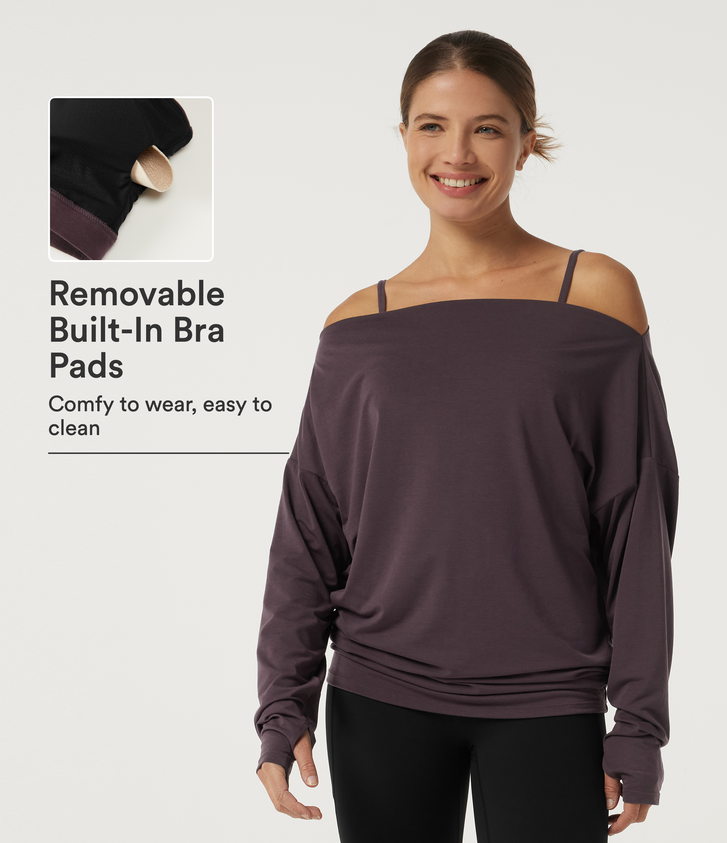 Off Shoulder Long Sleeve Yoga Sports Top with Built-in Bra and Thumbholes