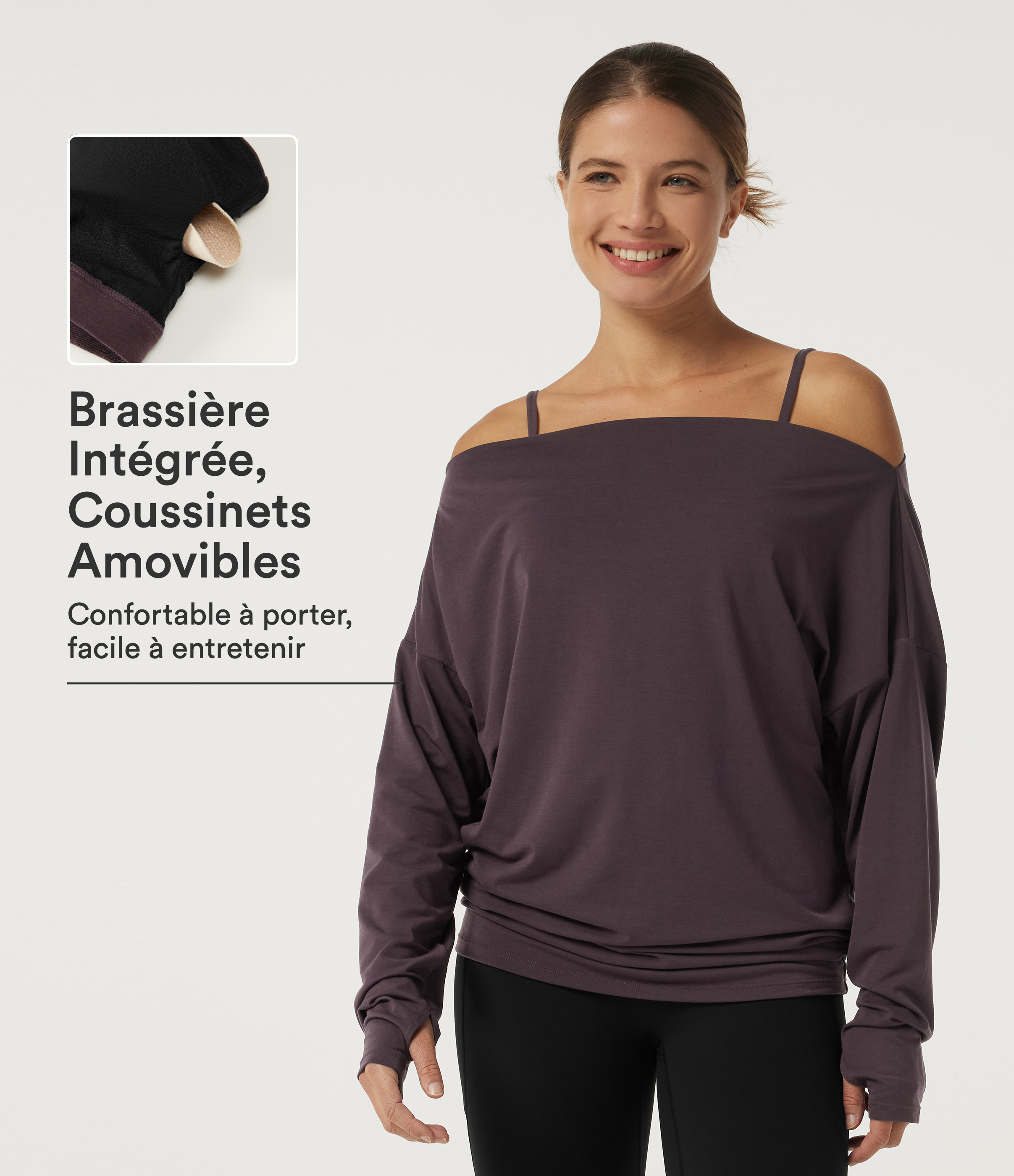 Top de yoga épaules dénudées à manches longues avec brassière intégrée et passe-pouces