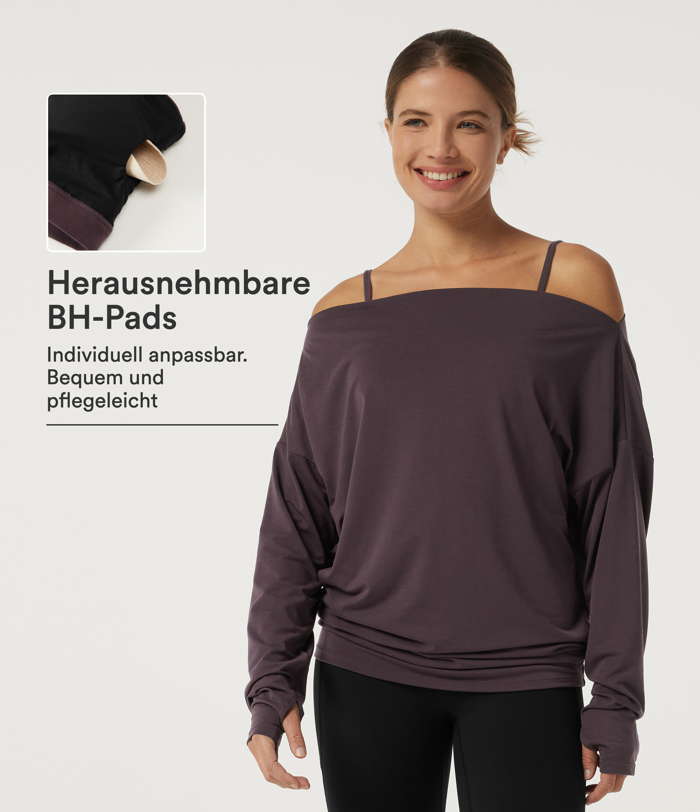 Schulterfreies Yoga-Sport-Top mit langen Ärmeln Daumenlöchern und integriertem BH