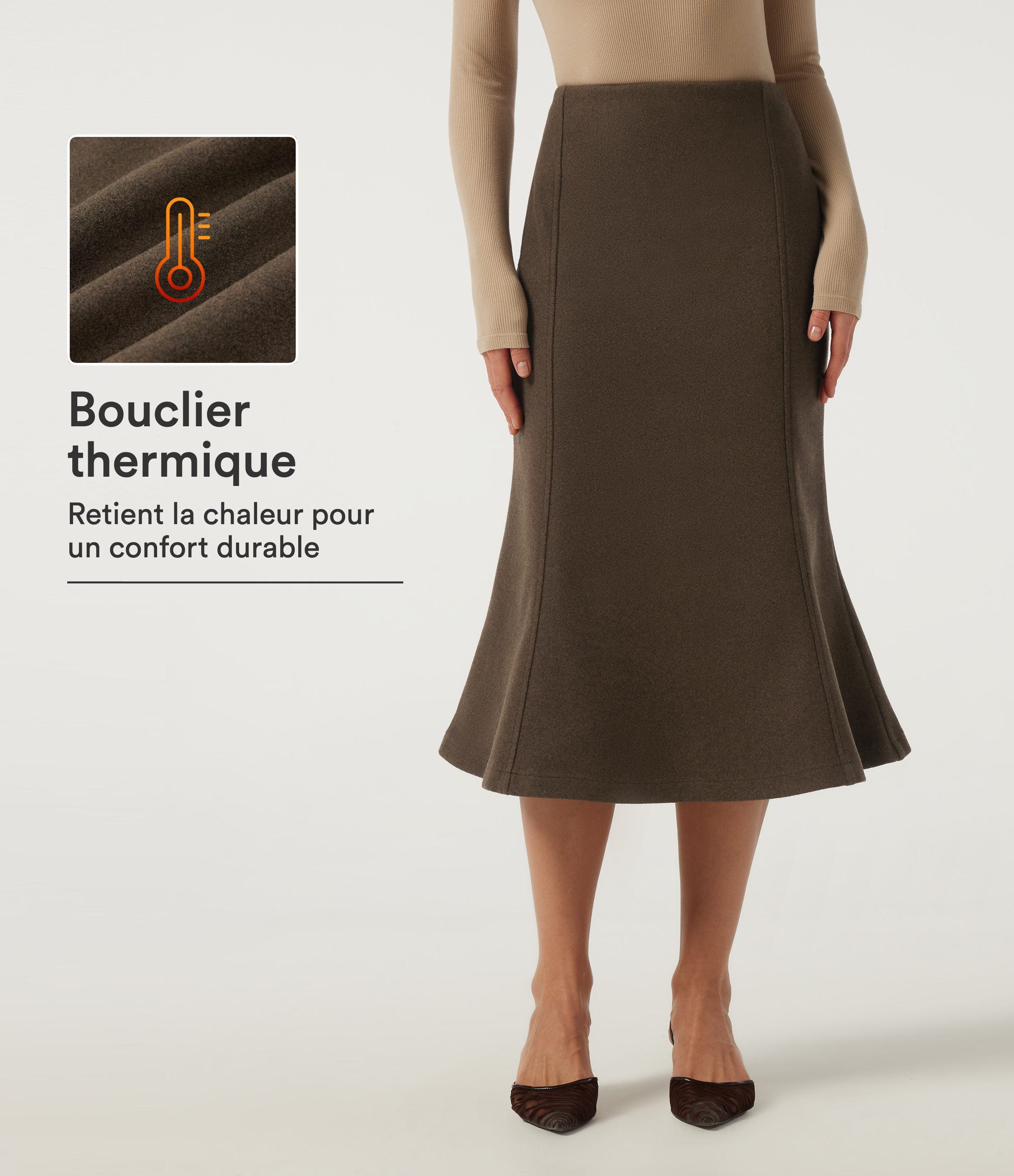 Jupe midi de bureau coupe sirène taille haute doublée polaire