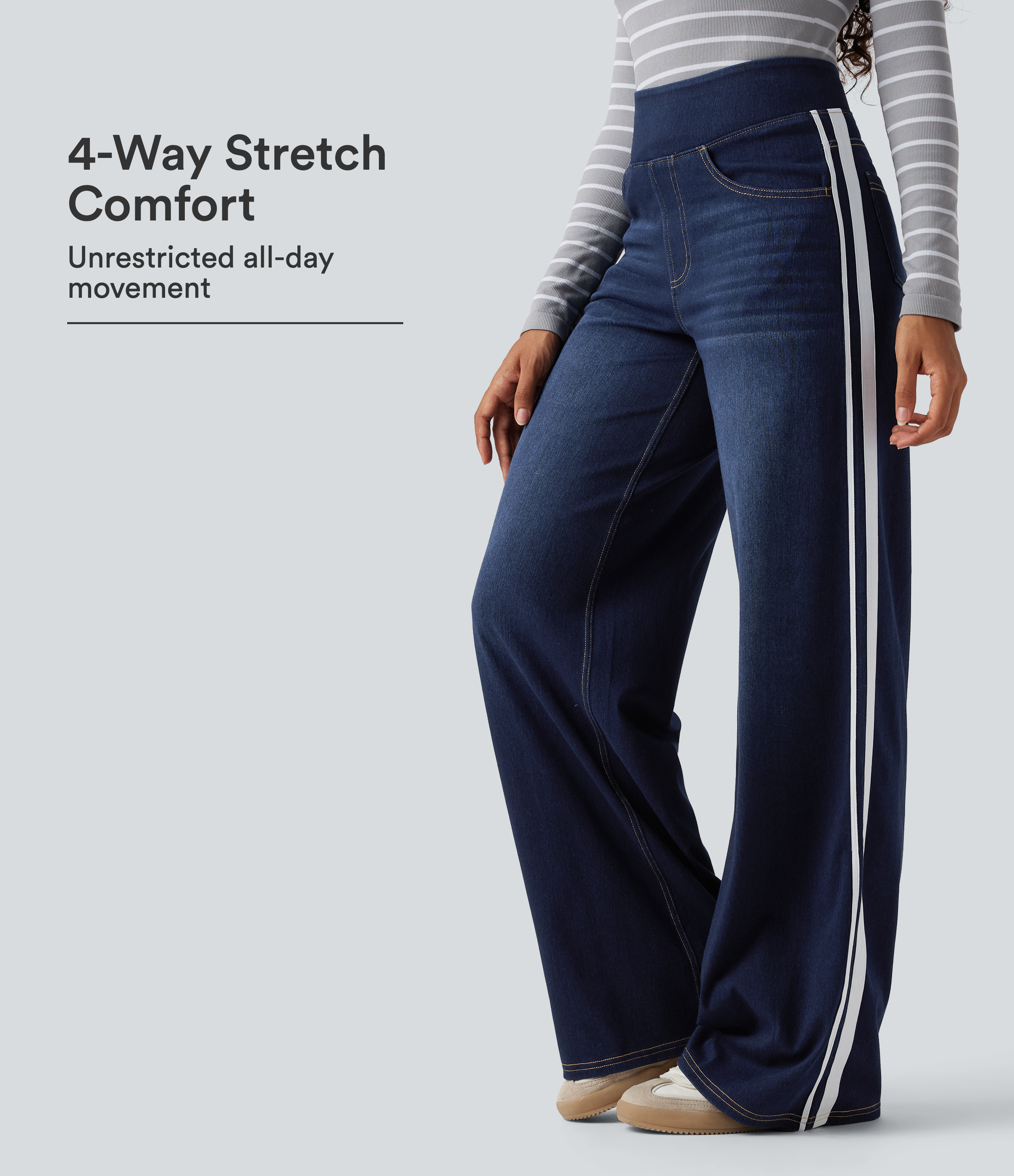 Halara Flex™ High Waisted Stripe Wide Leg Flowy Washed Casual Jeans with Pockets