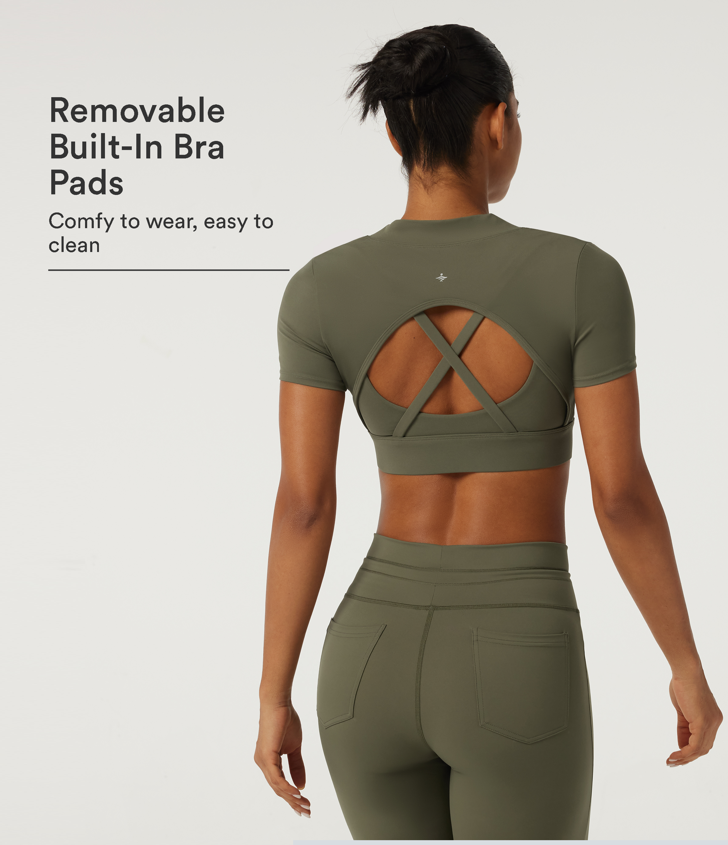 Round Neck Short Sleeve Cut Out Built-in Bra Workout Top