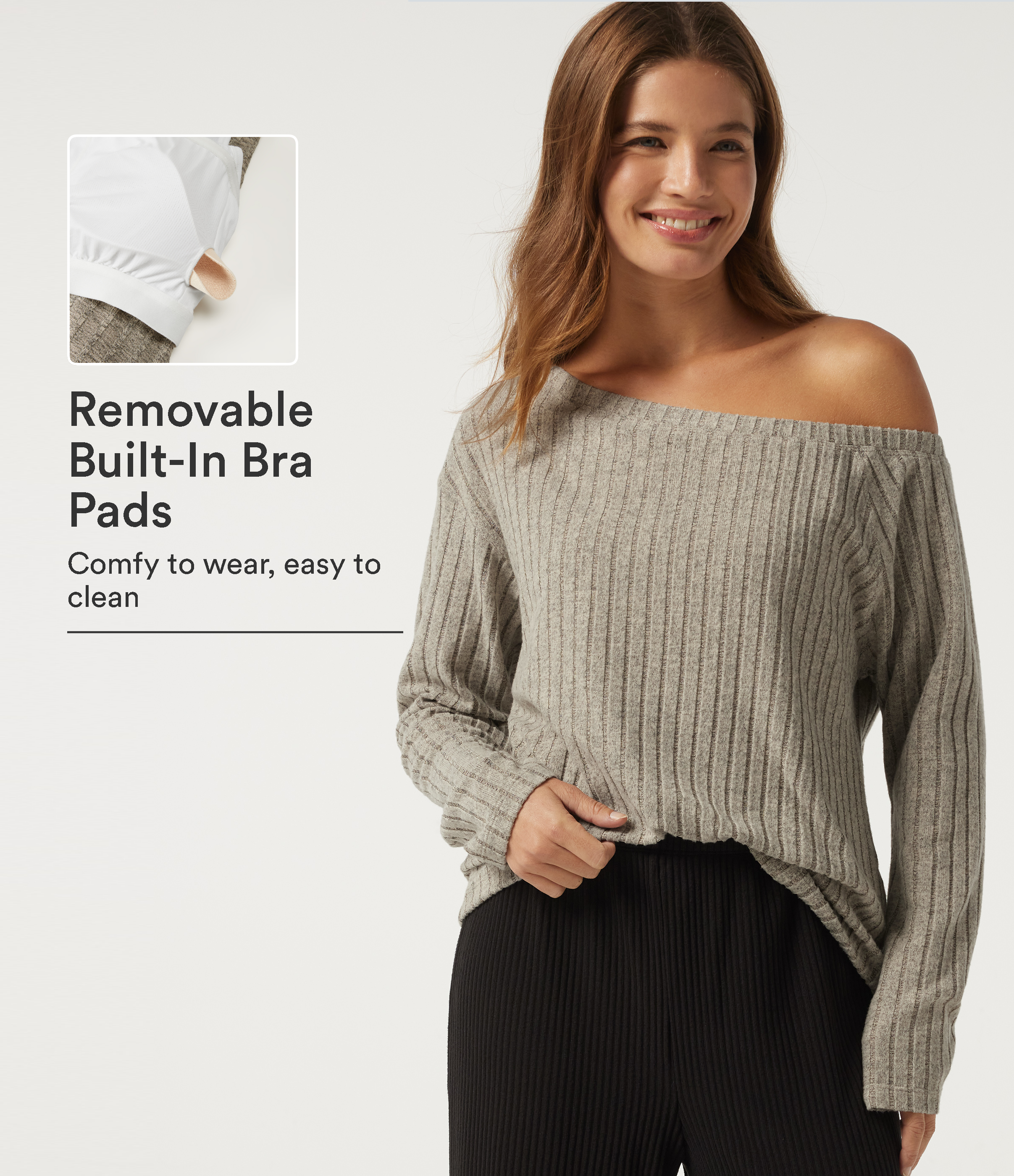 Ribbed Knit One Shoulder Long Sleeve Built-in Bra Asymmetric Lounge Top