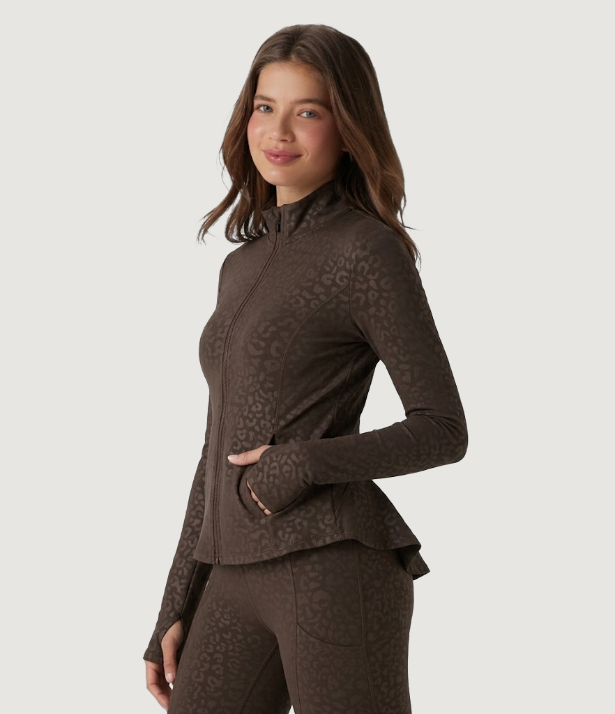 Stand Collar Long Sleeve Ruffle Leopard Print Yoga Jacket with Pockets