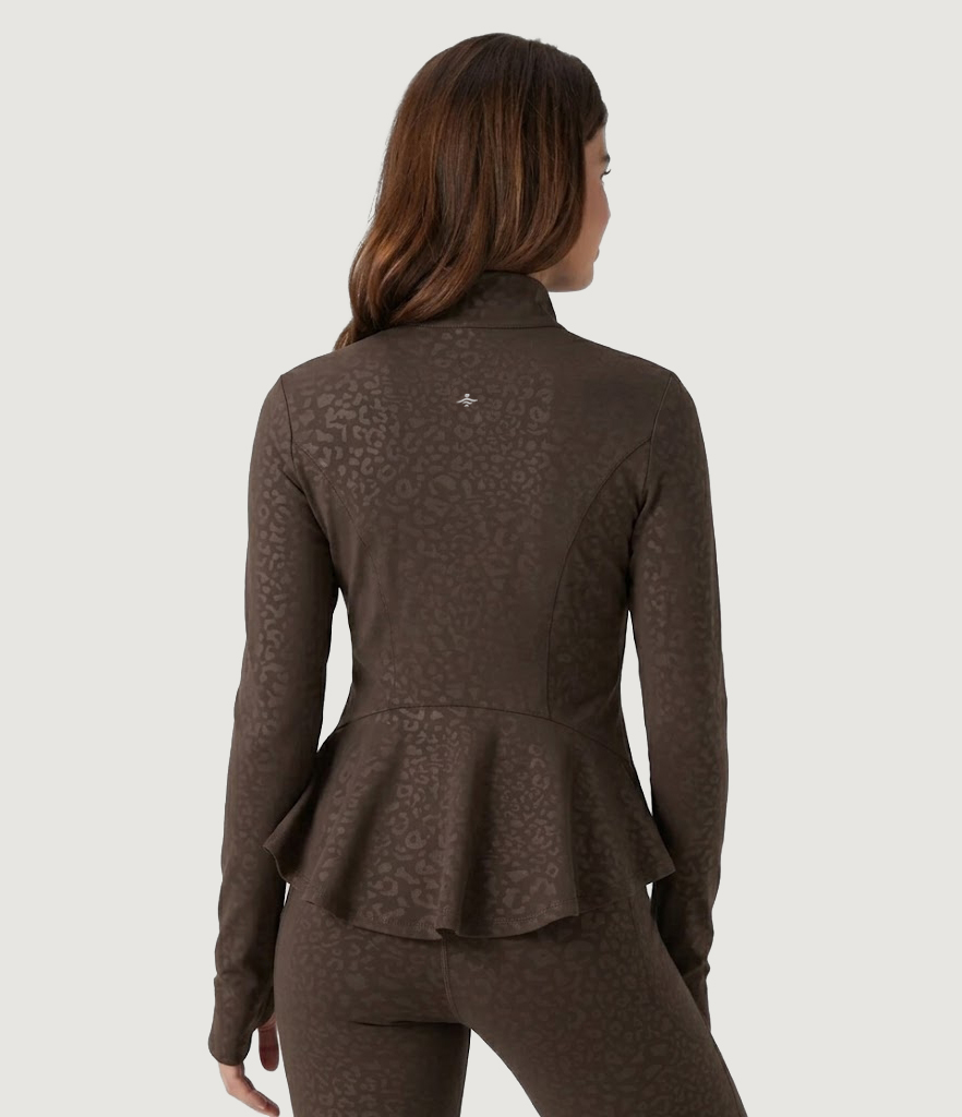 Stand Collar Long Sleeve Ruffle Leopard Print Yoga Jacket with Pockets