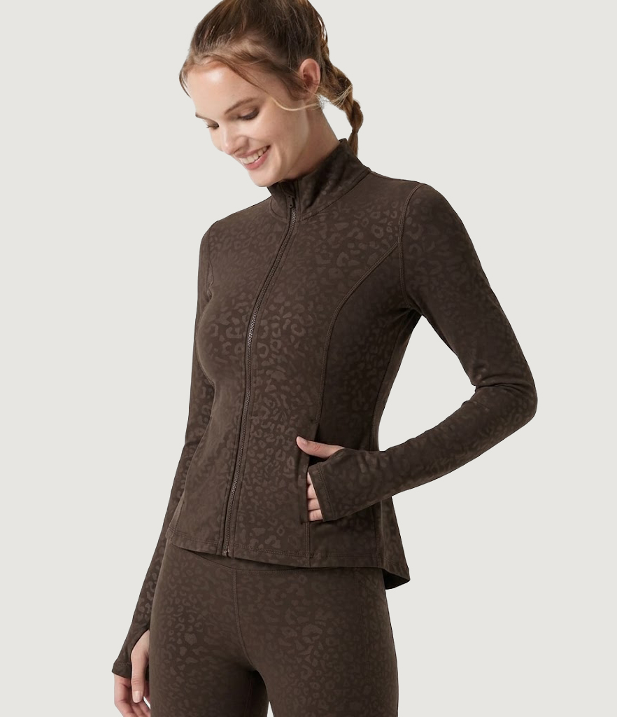 Stand Collar Long Sleeve Pleated Leopard Print Yoga Jacket with Pockets
