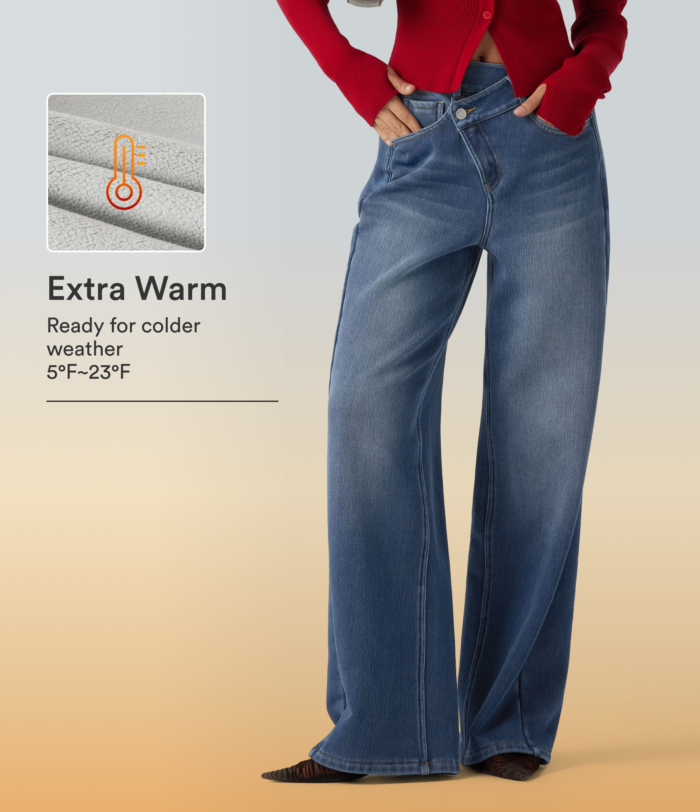 High Waisted Asymmetric Baggy Fleece Casual Cotton Jeans with Pockets