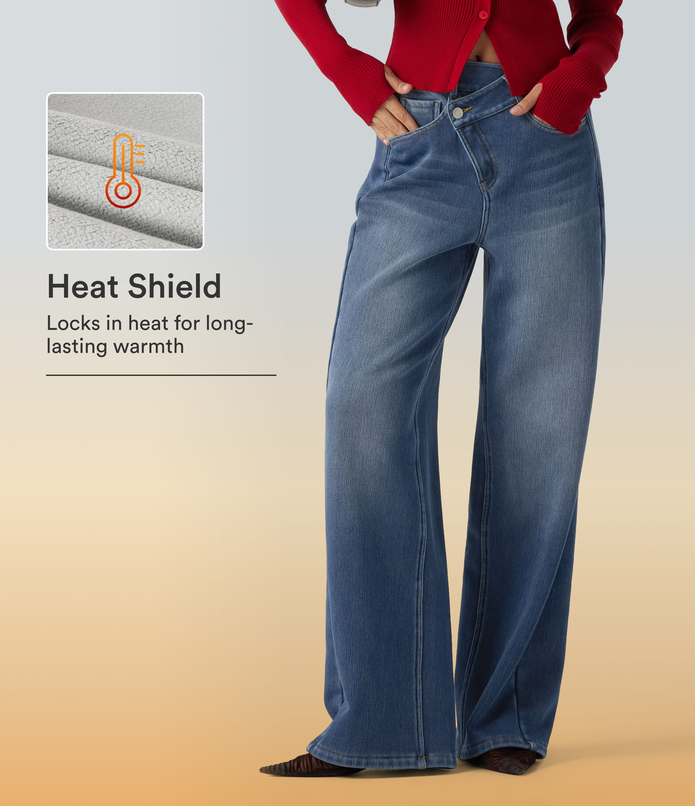 High Waisted Asymmetric Baggy Fleece Casual Cotton Jeans with Pockets