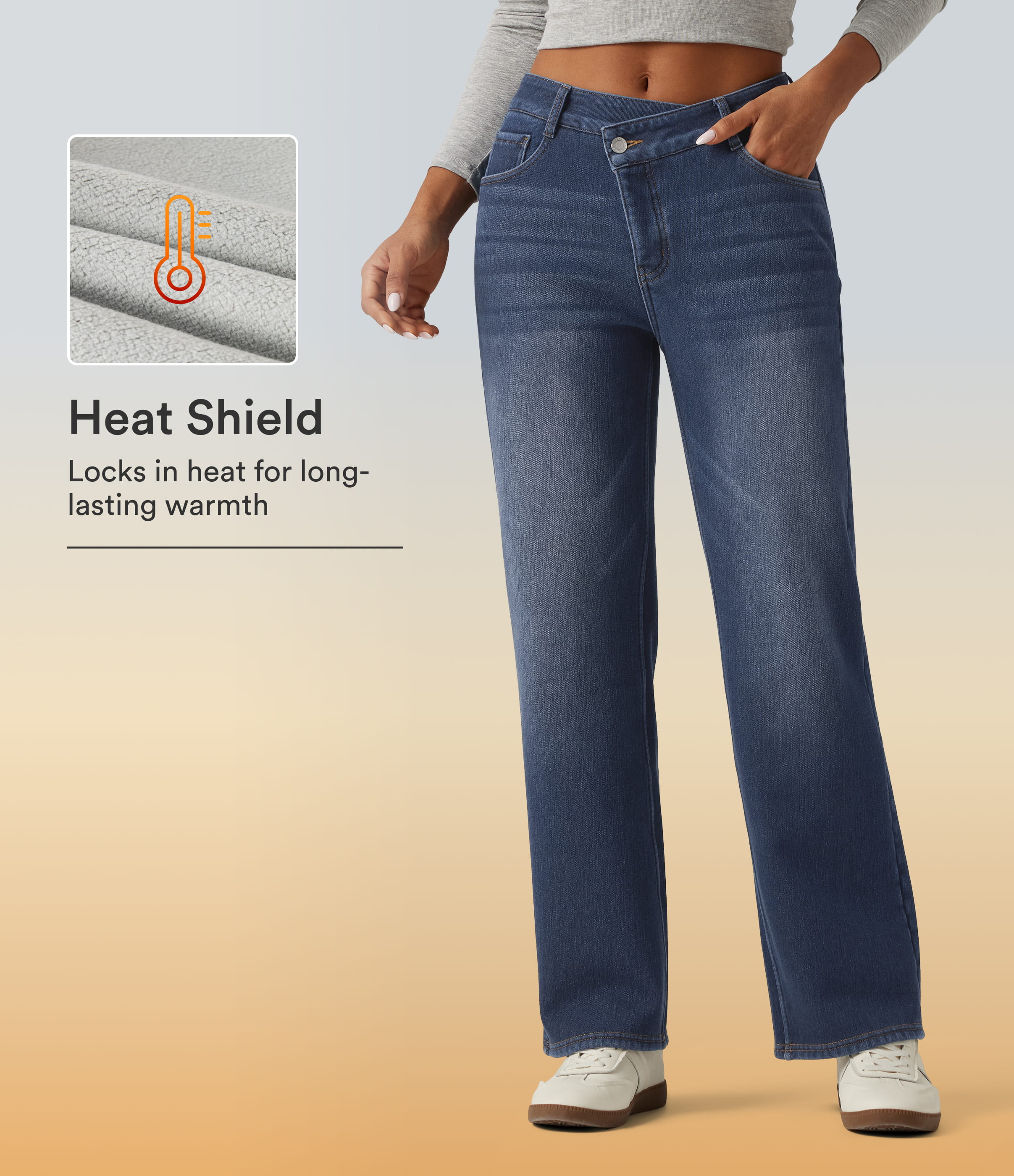 Mid Rise Asymmetric Straight Leg Fleece Casual Jeans with Pockets