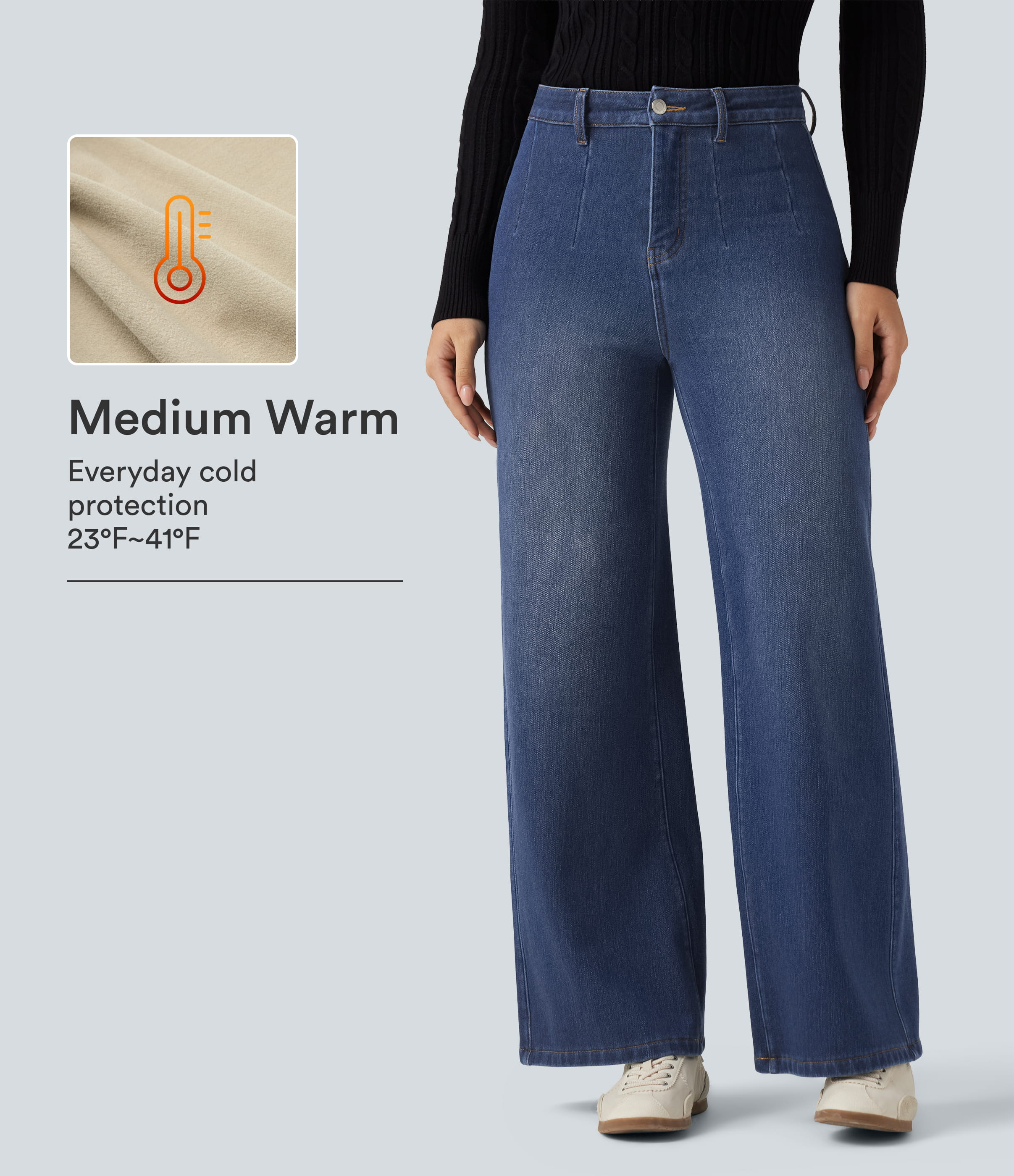 High Waisted Wide Leg Fleece Casual Cotton Jeans with Pockets