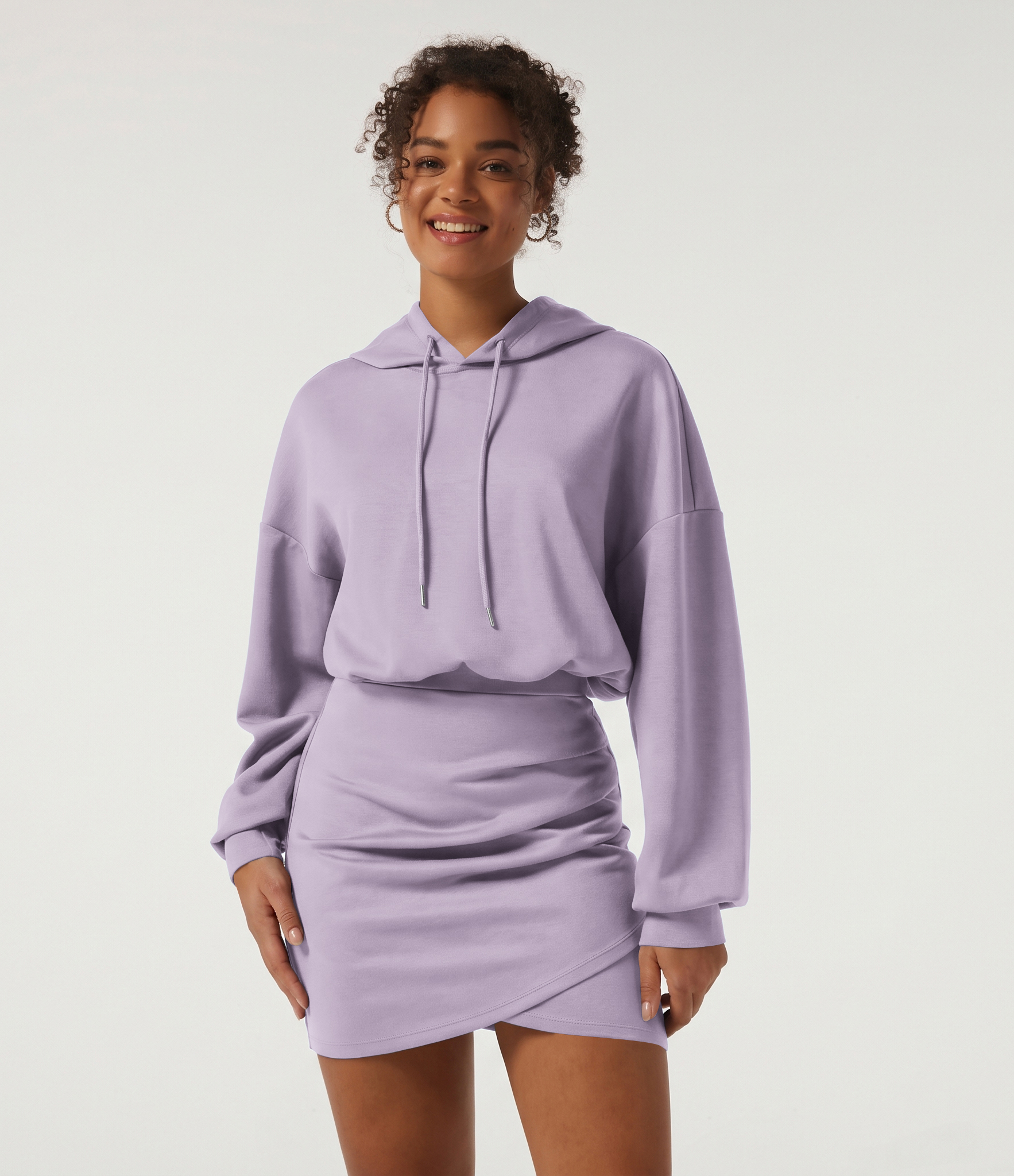 Hooded Long Sleeve Ruched Curved Hem Mini Casual Dress