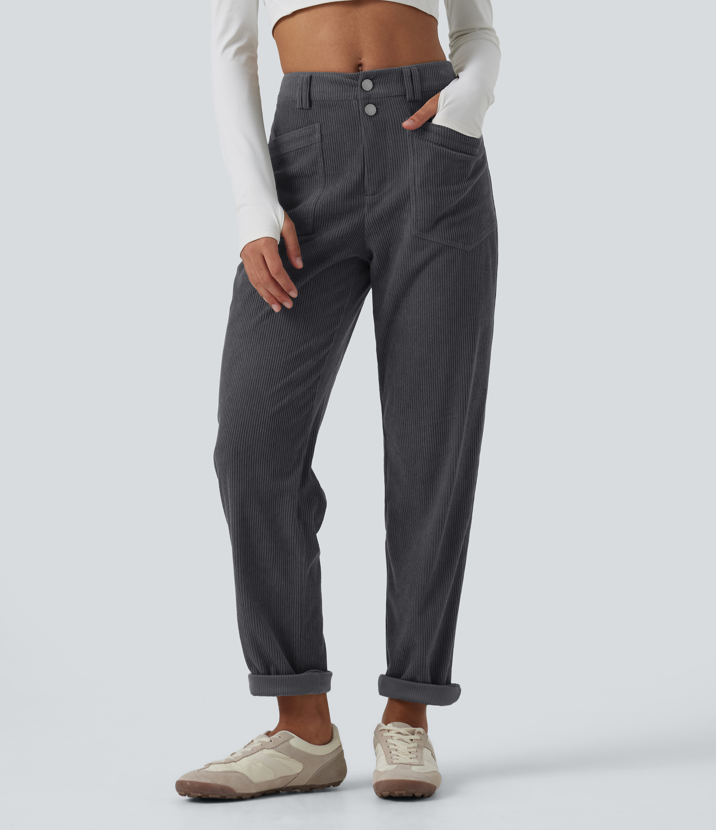 Pantalon en velours côtelé taille mi-haute coupe fuselée avec poches