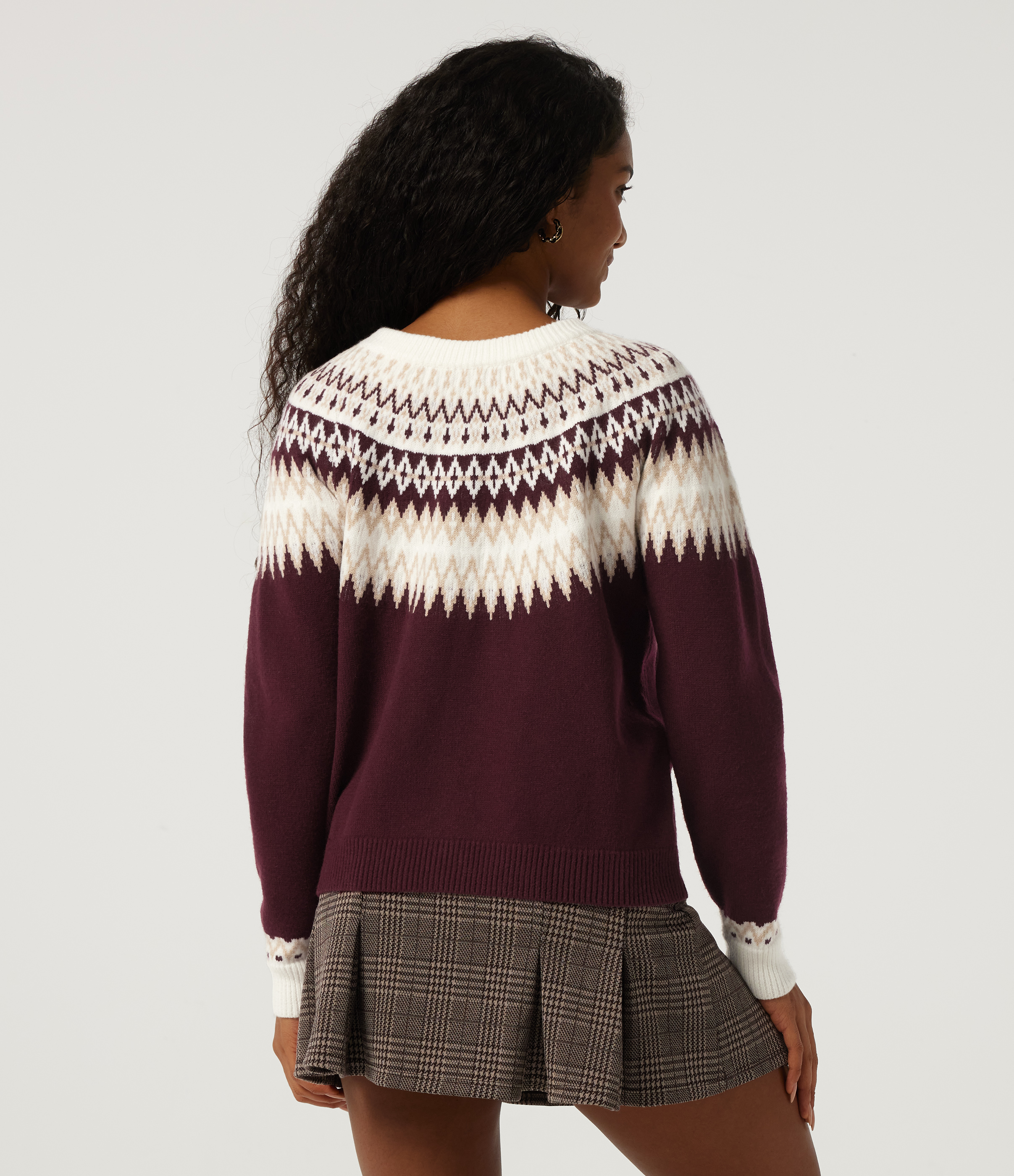 Wine Red Pull décontracté à col rond, manches longues, à motifs / 2