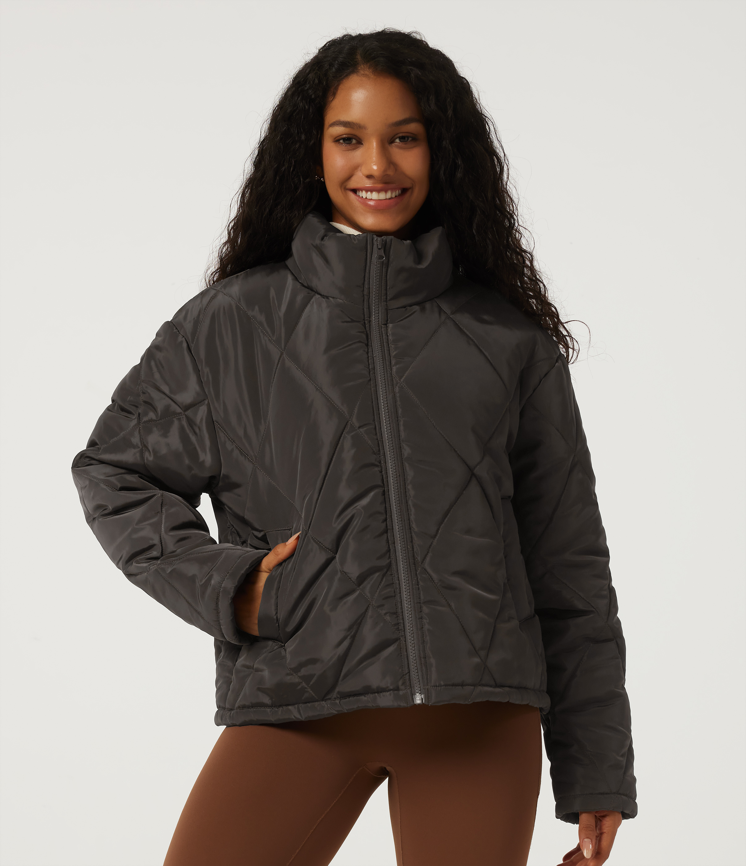 Stand Collar Long Sleeve Plaid Casual Padded Jacket with Pockets