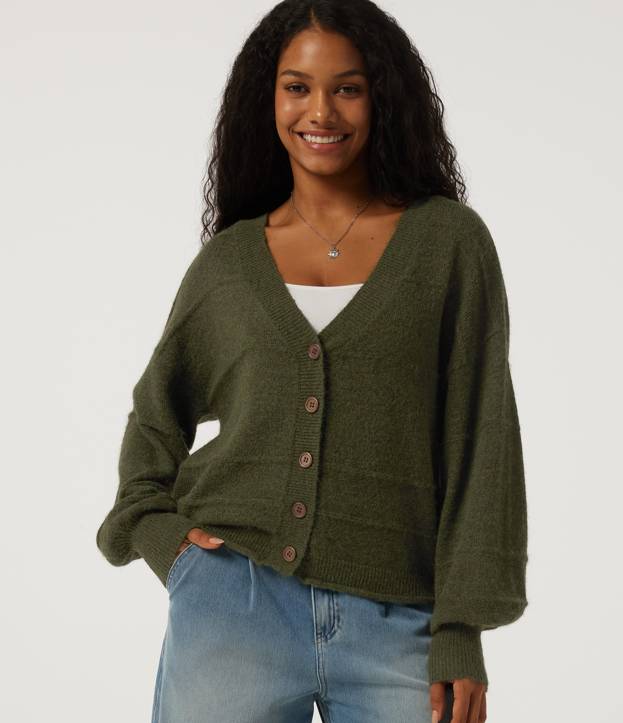 Twilight Green Lässiger Cardigan mit V-Ausschnitt und langen Ärmeln / 1