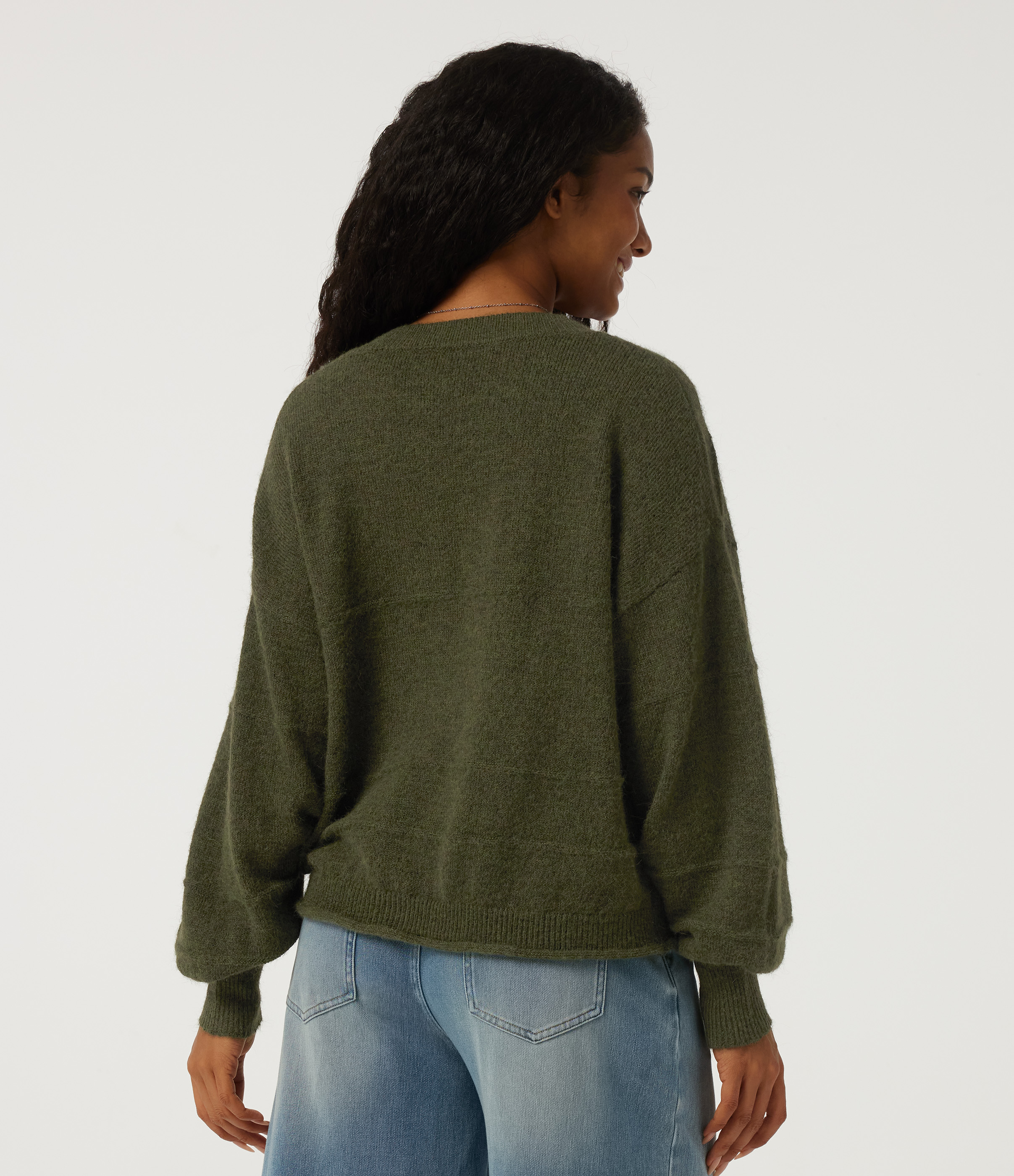 Twilight Green Lässiger Cardigan mit V-Ausschnitt und langen Ärmeln / 2