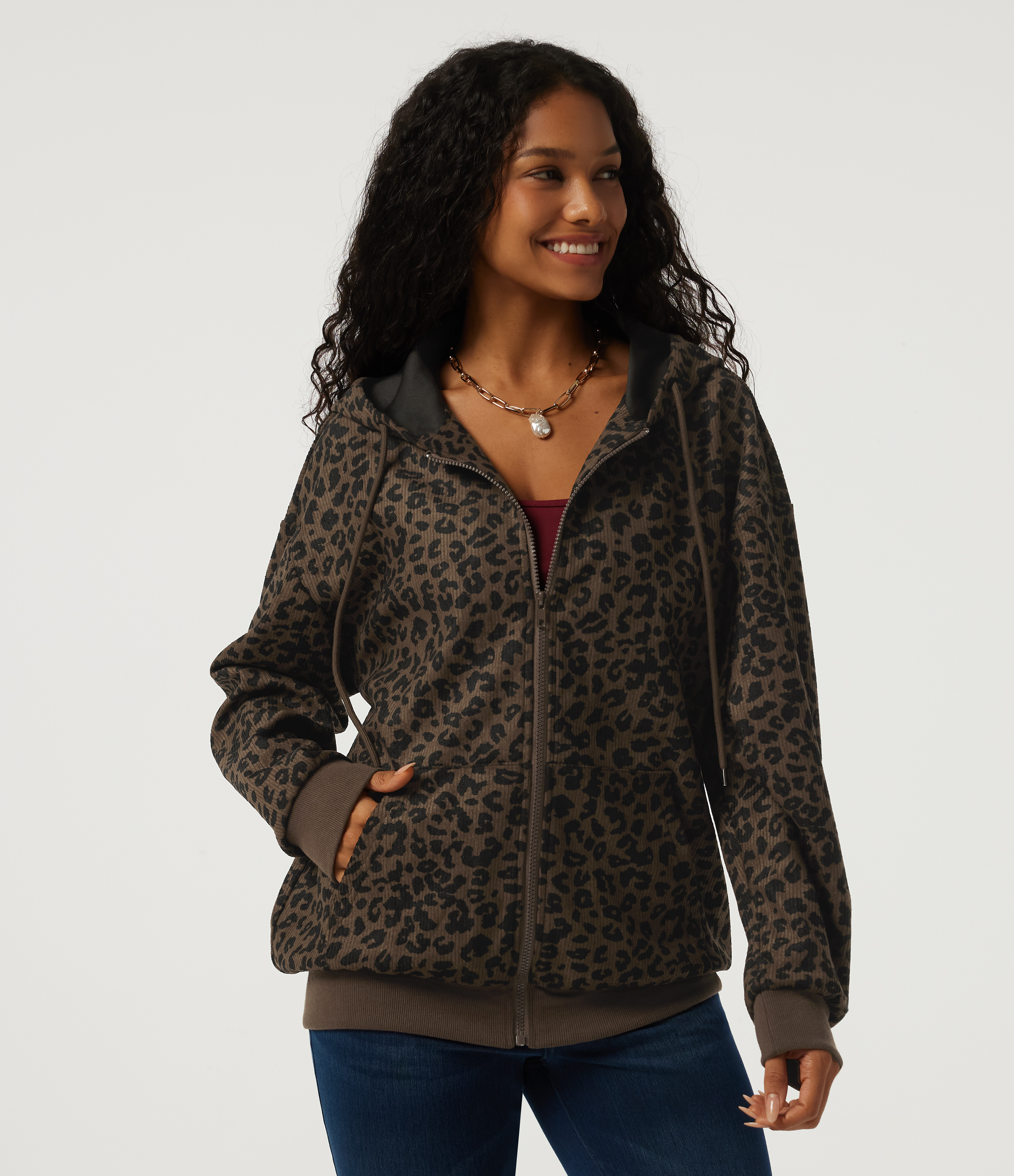 Hooded Leopard Print Long Sleeve Corduroy Casual Jacket with Pockets