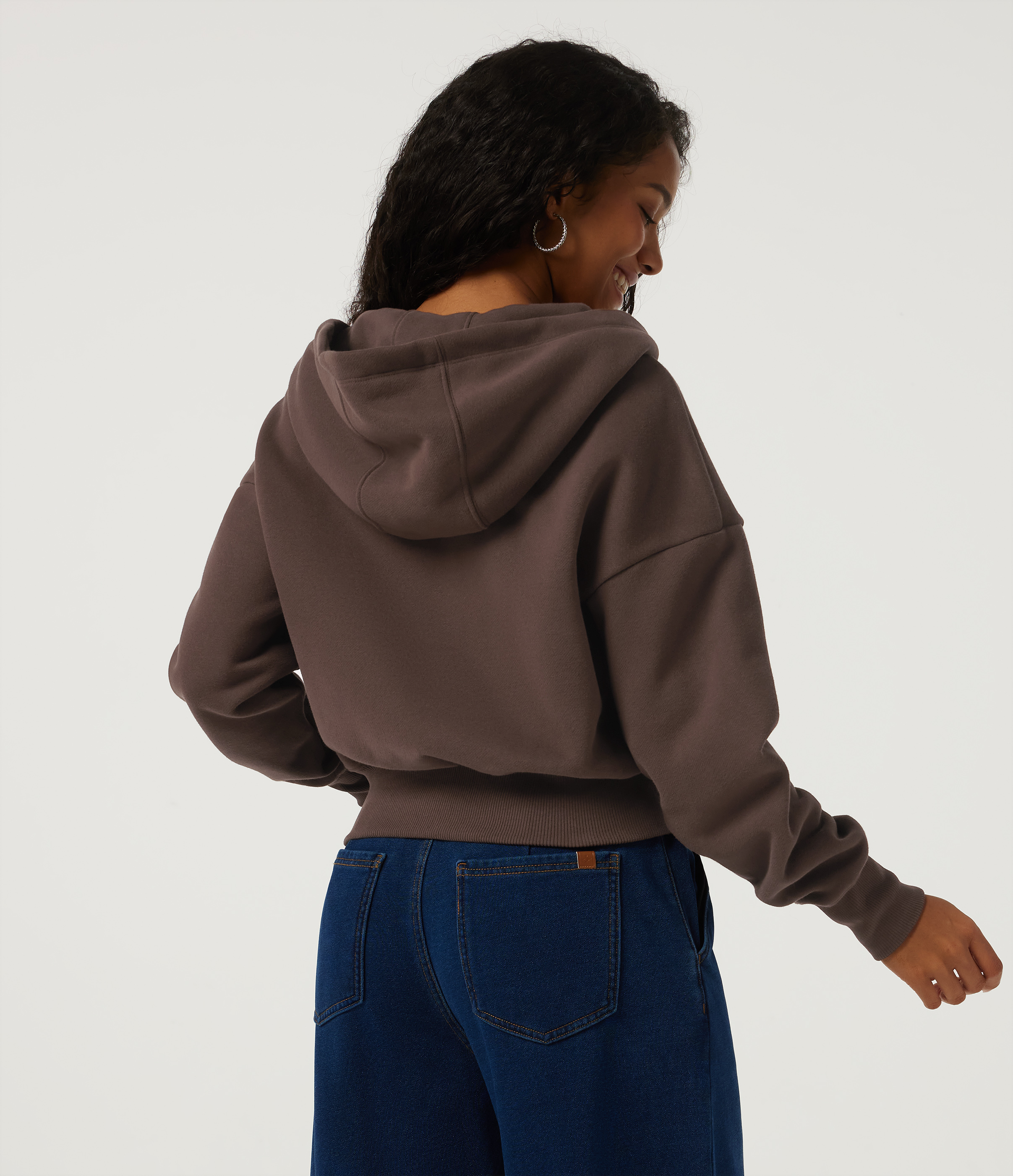 Chocolate Brown Hooded Batwing Long Sleeve Fleece Casual Jacket with Pockets / 2