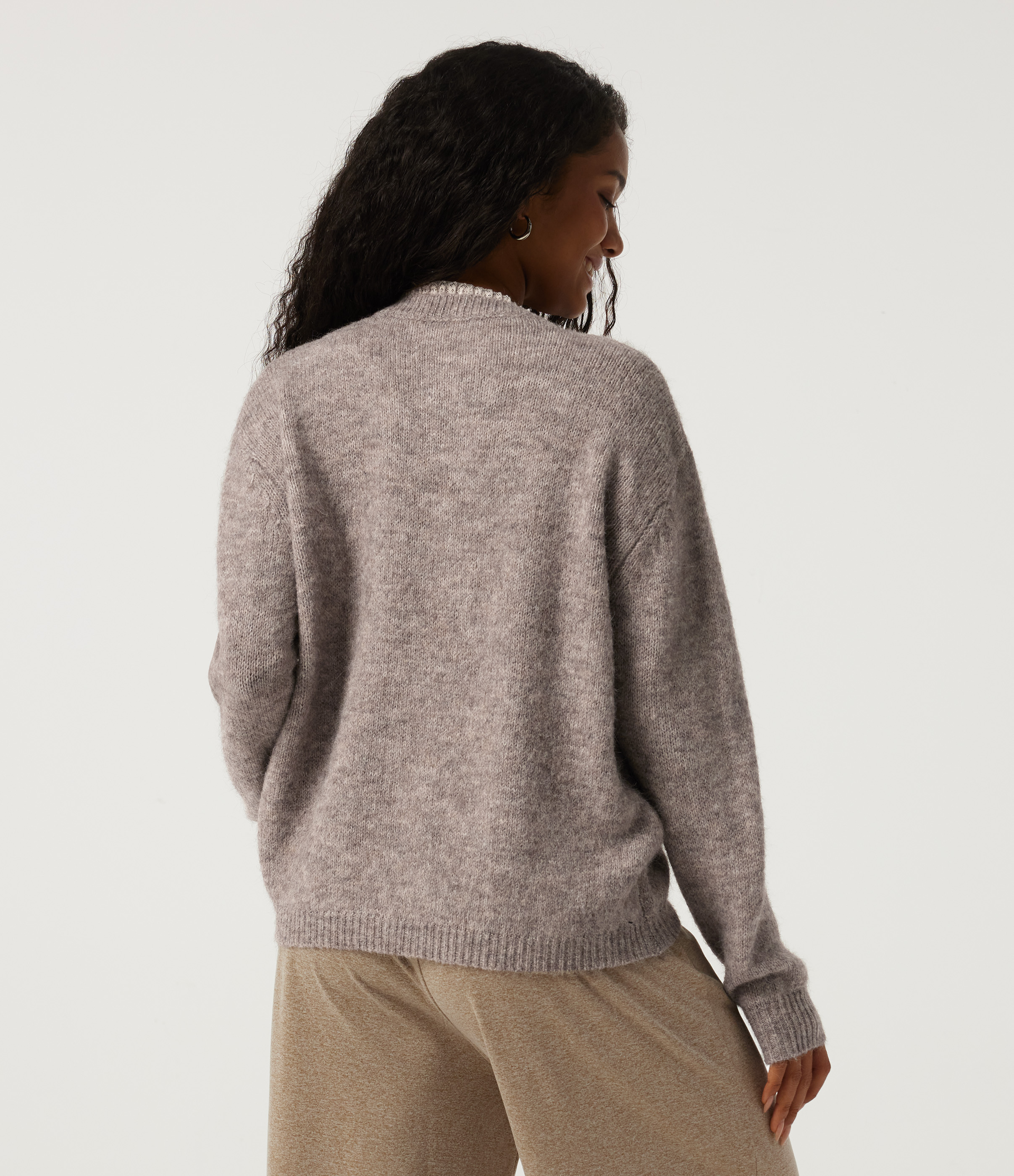 Peyote Round Neck Long Sleeve Contrast Lace Casual Cardigan / 2